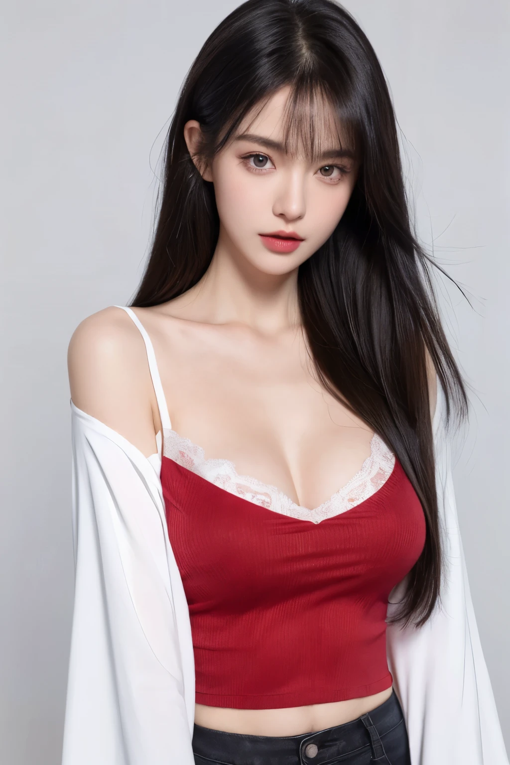 （lifelike,high resolution：1.3）， A slim girl， The face shape and eyes are super delicate,black hair,red glossy lips,(beautiful face), (best quality), (Super detailed), (Extremely detailed CG unified 8k wallpaper),((long sleeve low cut camisole)),(White background),(cleavage),(Model photo),sexy look,big eyes,(standing),(air bangs),(Slim waistline)
