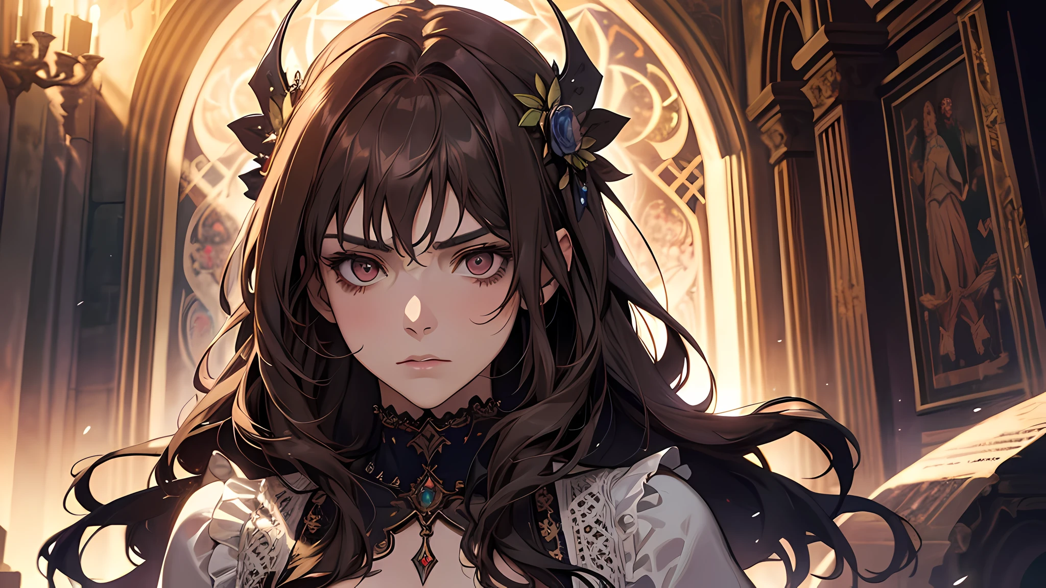Woman with a long brown hair in a flower dress, medieval times, in a castle, spiritual, detailed, detailed face, detailed skin, front, cover, unzoom, choker, DMT, Sacred, Aura, becoming spiritual, photorealistic ultrarealistic, 8k, artstation hyperdetailed painting, luminism, lighting Bar, complex, conceptual art portrait of 4k resolution by Greg Rutkowski, Artgerm, WLOP, Alphonse Mucha, small fusion pojatti realistic gothic, She look shocked. Valeria instinctively asked again at Karin’s calm murmur. She didn’t know that there’s such a thing.