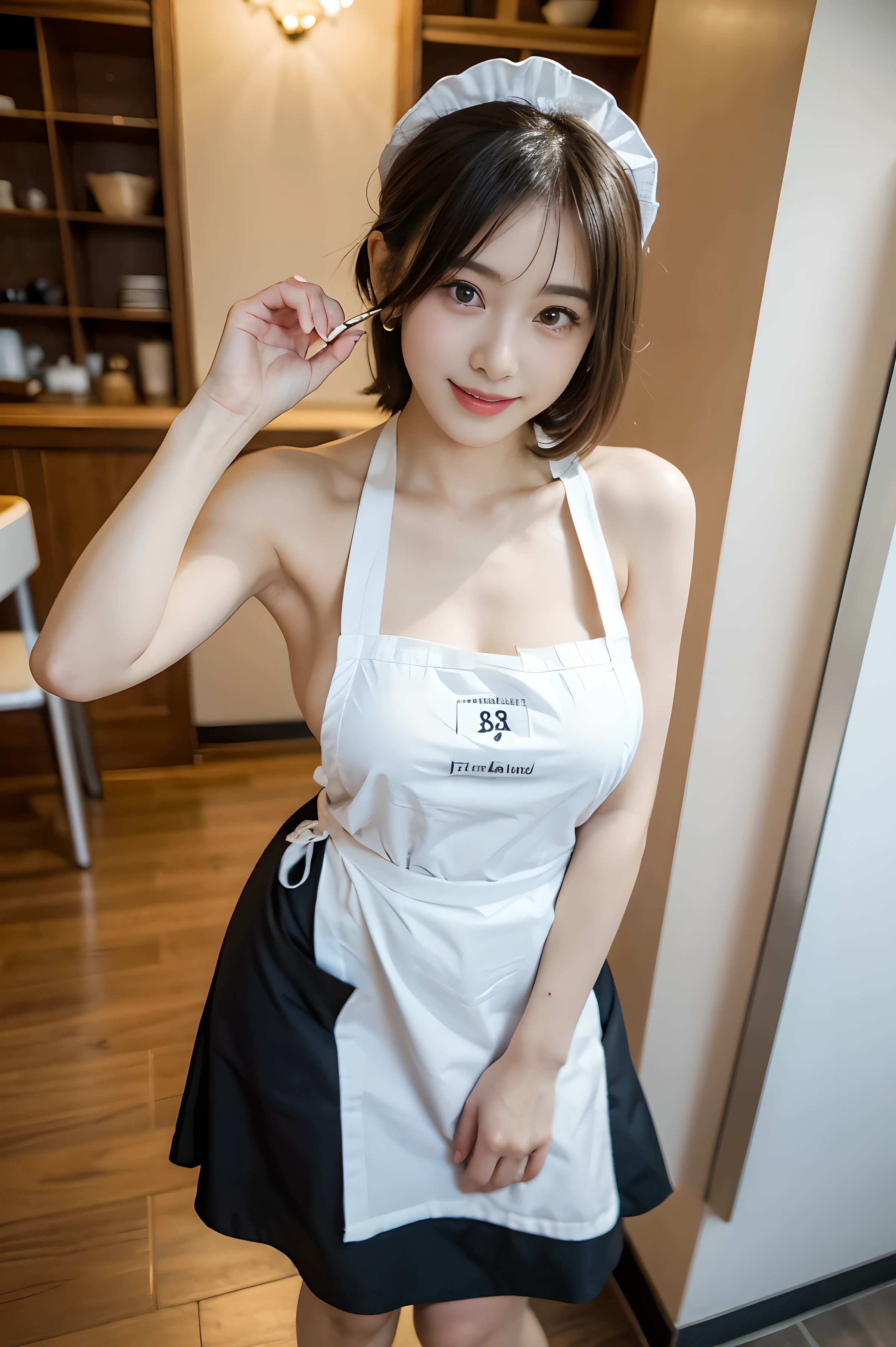 The most beautiful 25-year-old women, Detailed body with large breasts, Tehepero, A facial expression that sticks out its tongue and winks, (((naked apron))),((maid style apron)),  detailed lips, fine eyes, double eyelid, huge breasts, dark brown short hair, thighs thighs, Are standing, (Photoreal:1.4), (best image quality:1.0), (ultra high resolution:1.0), 8K, RAW photo, (masterpiece), Inside a maid cafe in Akihabara、Beautiful toes