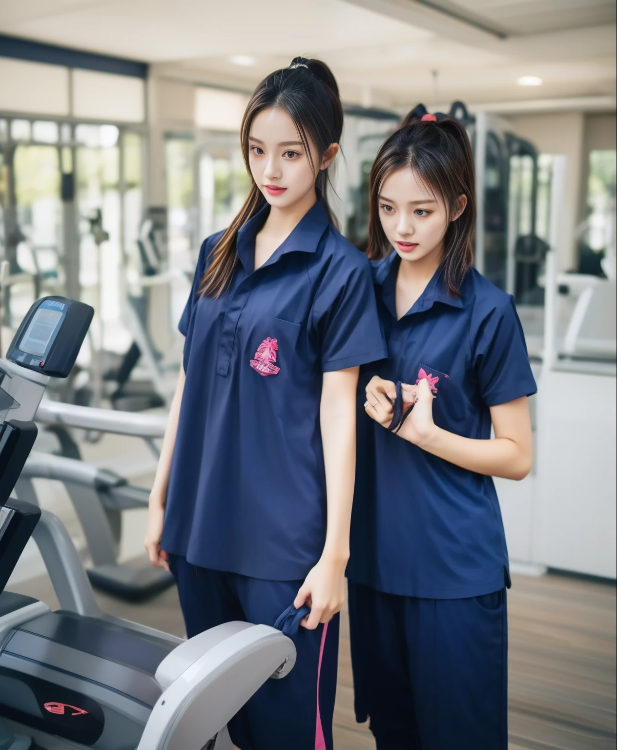 3 girls in fitness center, Navy blue short-sleeved shirt,Navy Long Trackpant,Sweatpants, Sweatpantsขายาว,25 year old girl, lesbian, sexy, exercise clothes, wet body, exercise clothes