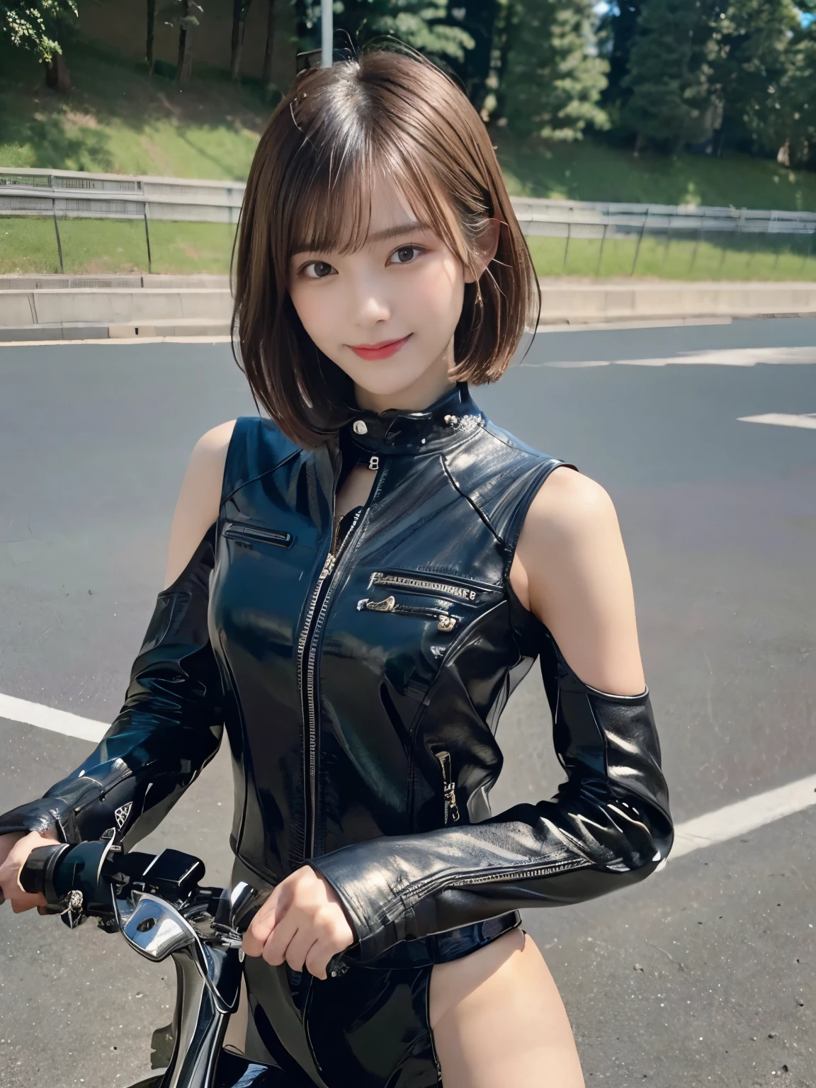 ((highest quality, 8K, masterpiece: 1.3)), sharp: 1.2, perfect body beauty: 1.4,pretty girl,light brown short hair,(((girl riding a motorcycle))),slender body,riding suit and leather pants,Highly detailed face and skin texture,fine eyes, double eyelid,((full body shot)),Natural light,smile,detailed motorcycle