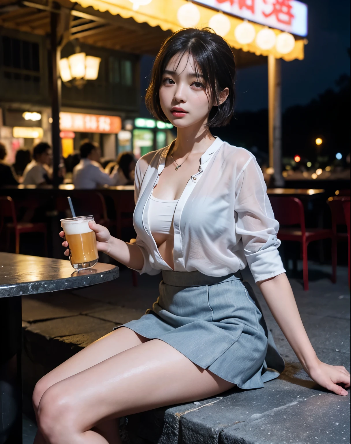 (muste piece, best quality:1.2), 8K, 20-year-old, Adult, 52 mm, Nikon D6, official art, professional portrait, Raw photo, disorganized, ticker, Dark night, street light, Taiwan, Night Downtown, Terrace seats, stall, Local Cafes, Local bars, 東南Asia, Asia, 1 girl, 究極のbeautiful girl, 幸せなbeautiful girl, Pretty face, beautiful girl, Full body Esbian, Violacea, gardenia, のbeautiful girl, ((gray shirt with exposed chest)), ((mini skirt))、(garter)、Panty stocking、brown eyes, sparkling eyes, sparkling eyes, Shiny lips with lip gloss, (short hair layered cut), beautiful hair, ((stallの椅子に座って瓶ビールを飲む)), cute, I'm relaxing