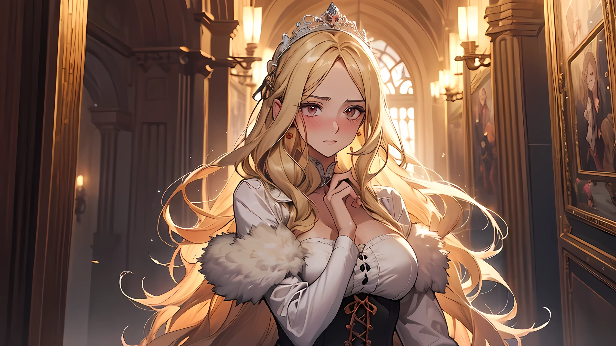 1Women，(Long fluffy blonde hair:1.6)，one piece dress，Mature woman，Rich and noble families，In a castle hallway，It was dark，There is moonshine，There are lights in the living room，Ultra-detailed CG，exquisite facial features，Clear facial expressions，Detailed digital anime art，digital anime art，High quality anime art style，Shy, Blush, Ear blush, full blush, flustered, She replied that she’s not really sure but There are actually many male Hiera Glahpicos, after all. 