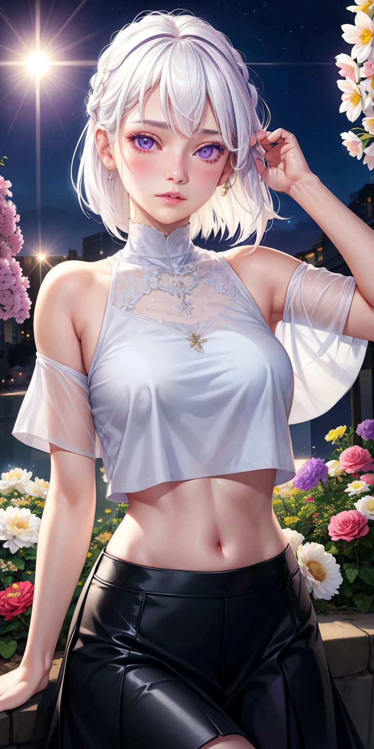 Realistic, 1 girl, White hair, Purple eyes, sparkling eyes, crop top, skirt, parted lips, blush, night, flowers, Sun, Sunlight,