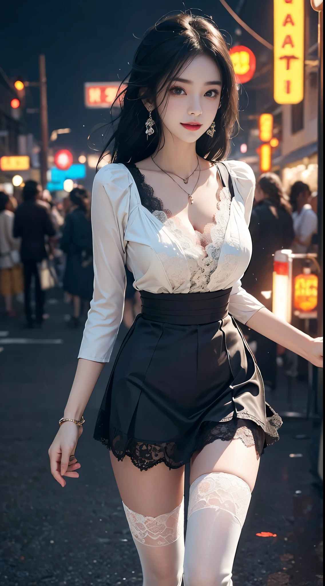 Sweet girl clothes5,high-waist skirt,jewelry,thighhighs, ((knee shot)), 8k, masterpiece, original photo, best quality, detail:1.2),lifelike, Extremely detailed CG unified 8k wallpapers, depth of field, film light, lens flare, Ray tracing, (extremely beautiful face, beautiful lips, beautiful eyes), intricate detail face, ((ultra detailed skin)) 1 girl, in the darkness, deep shadow, Beautiful Korean girl, kpop idol,(Very slim and slender figure:1.3), A plump chest, (bright smile), (City night, (neon sign), (night), Beautiful Korean girl, white diamond earrings, Diameter bracelet, Dia necklace, pantyhose, clear eyes, walk , front shot, face forward, (big eyes), ((Lace's))
