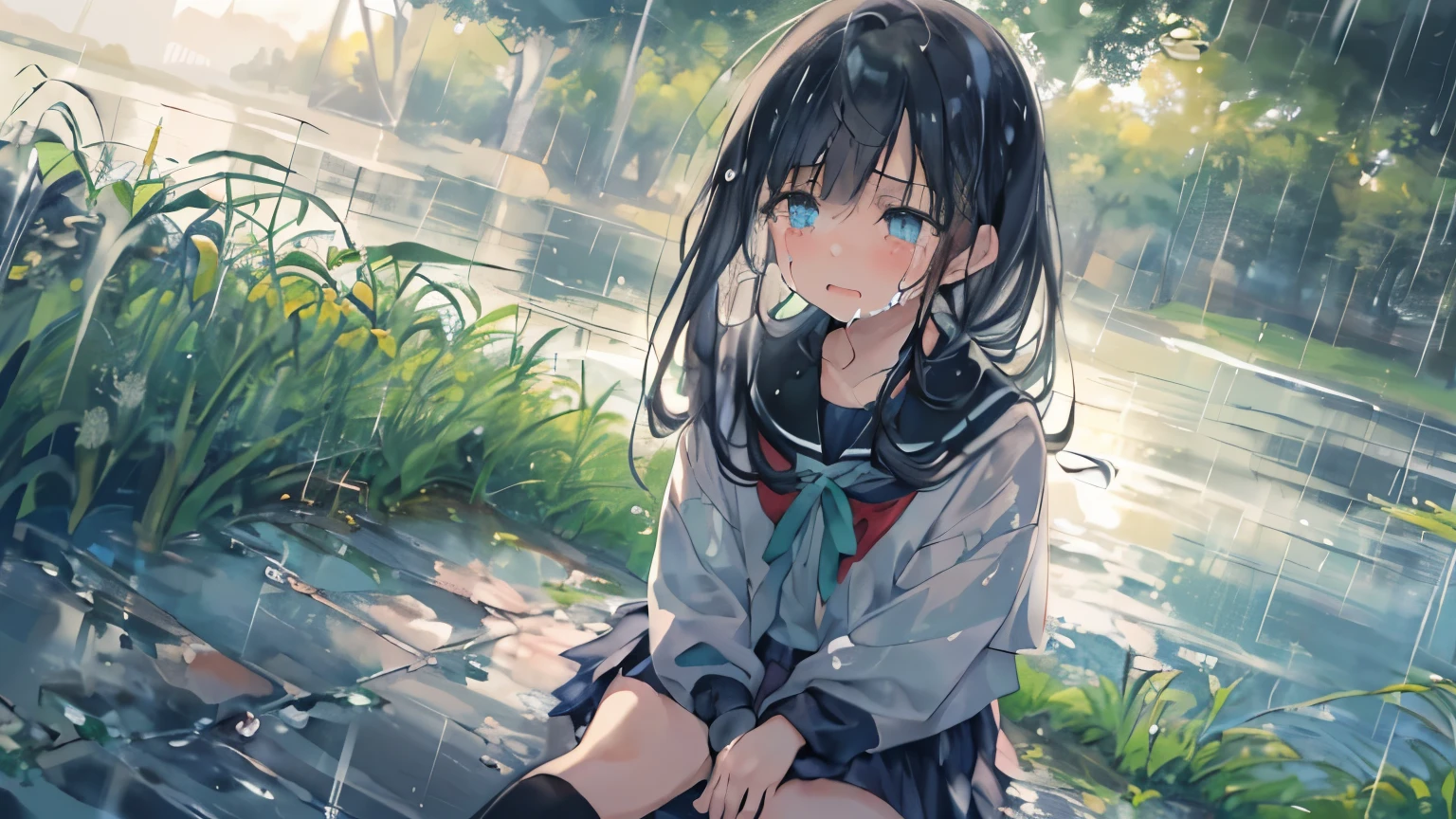 Anime girl sitting on a bench in the rain - SeaArt AI