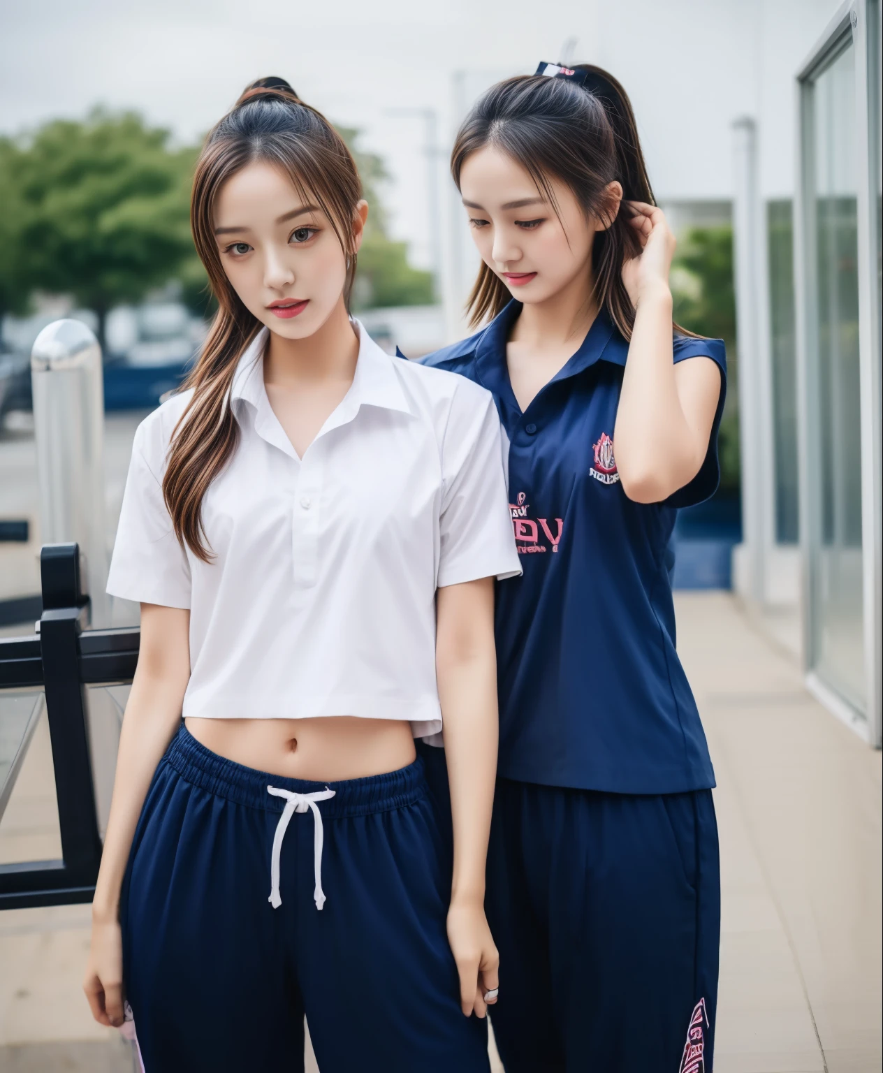 3 girls in fitness center, Navy blue short-sleeved shirt,Navy Long Trackpant,Sweatpants, Sweatpantsขายาว,25 year old girl, lesbian, sexy, exercise clothes, wet body, exercise clothes