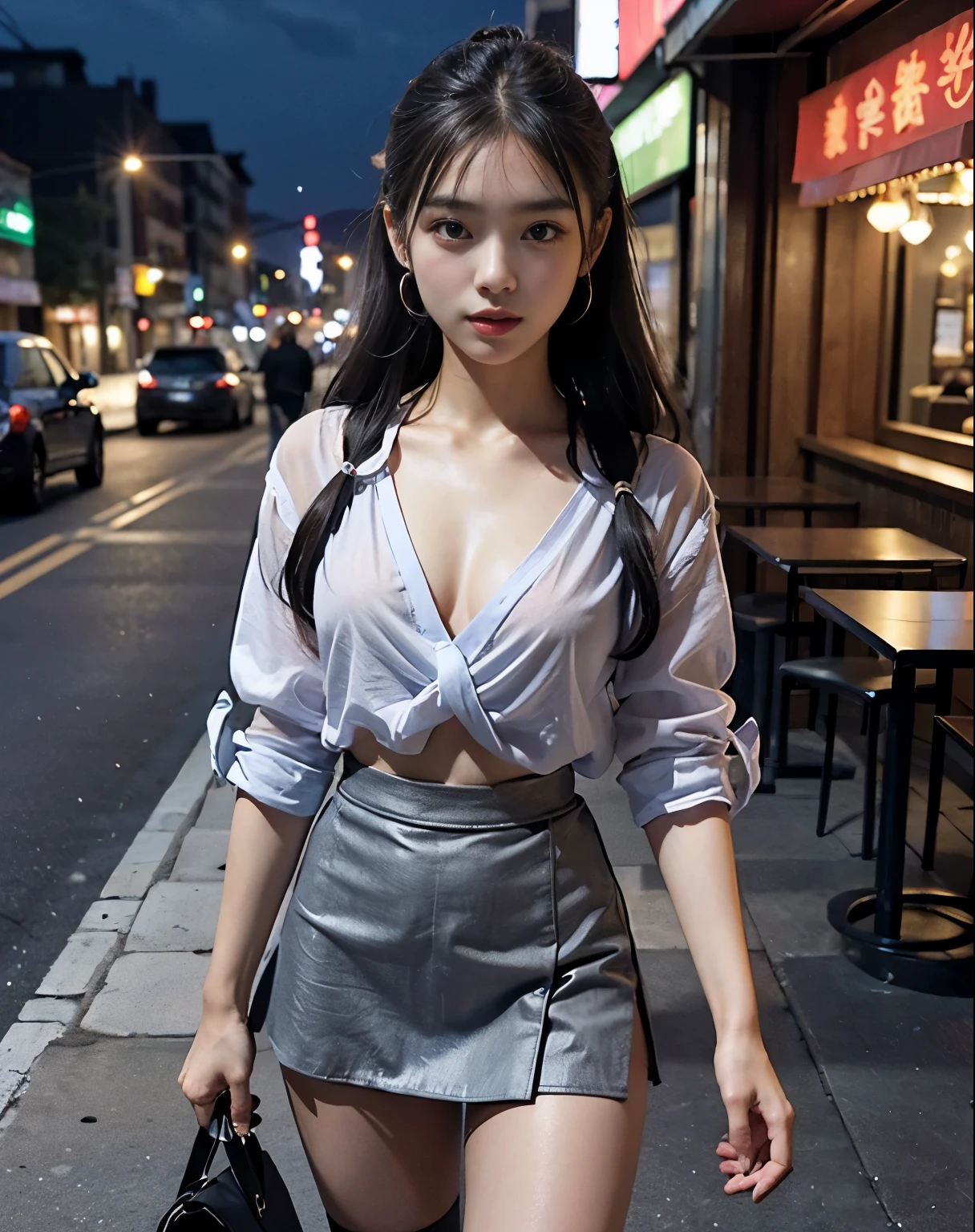 (muste piece, best quality:1.2), 8K, 20-year-old, Adult, 52 mm, Nikon D6, official art, professional portrait, Raw photo, disorganized, ticker, Dark night, street light, Taiwan, Night Downtown, Terrace seats, stall, Local Cafes, Local bars, 東南Asia, Asia, 1 girl, 究極のbeautiful girl, 幸せなbeautiful girl, Pretty face, beautiful girl, Full body Esbian, Violacea, gardenia, のbeautiful girl, ((gray shirt with exposed chest)), ((mini skirt))、(garter)、Panty stocking、brown eyes, sparkling eyes, sparkling eyes, Shiny lips with lip gloss, (twin tail hair), beautiful hair, ((stallの椅子に座って瓶ビールを飲む)), cute, I'm relaxing