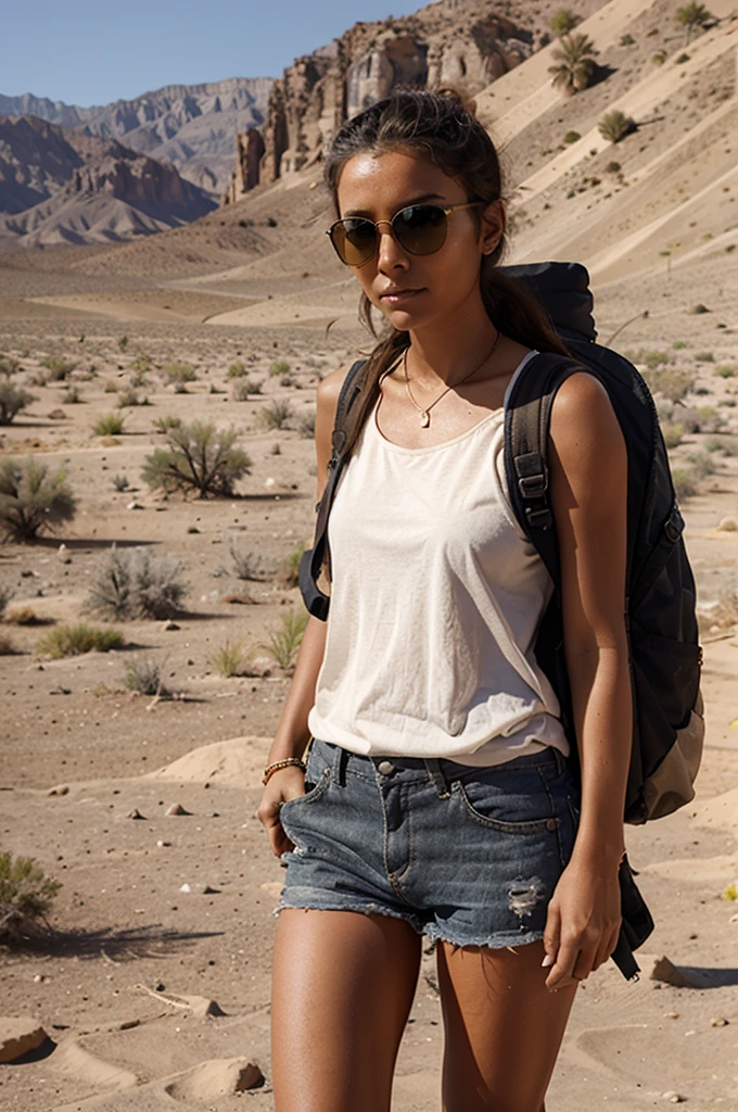 1 woman, standing in desert, wearing sunglasses, backpack, tanned face