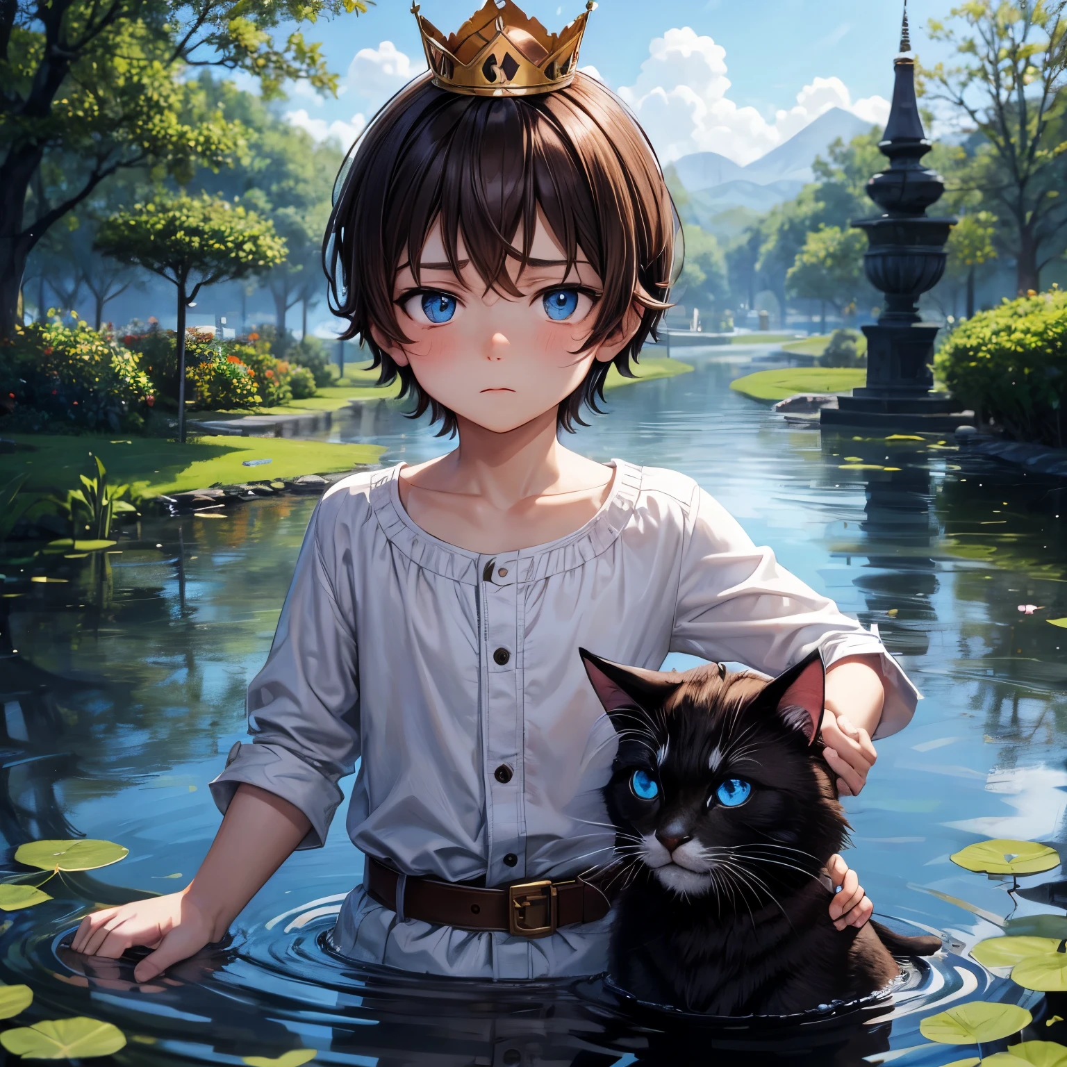 brown haired blue eyed charming little boy with sulking face, wearing crown, staring at with black blue eyed cat in the pond