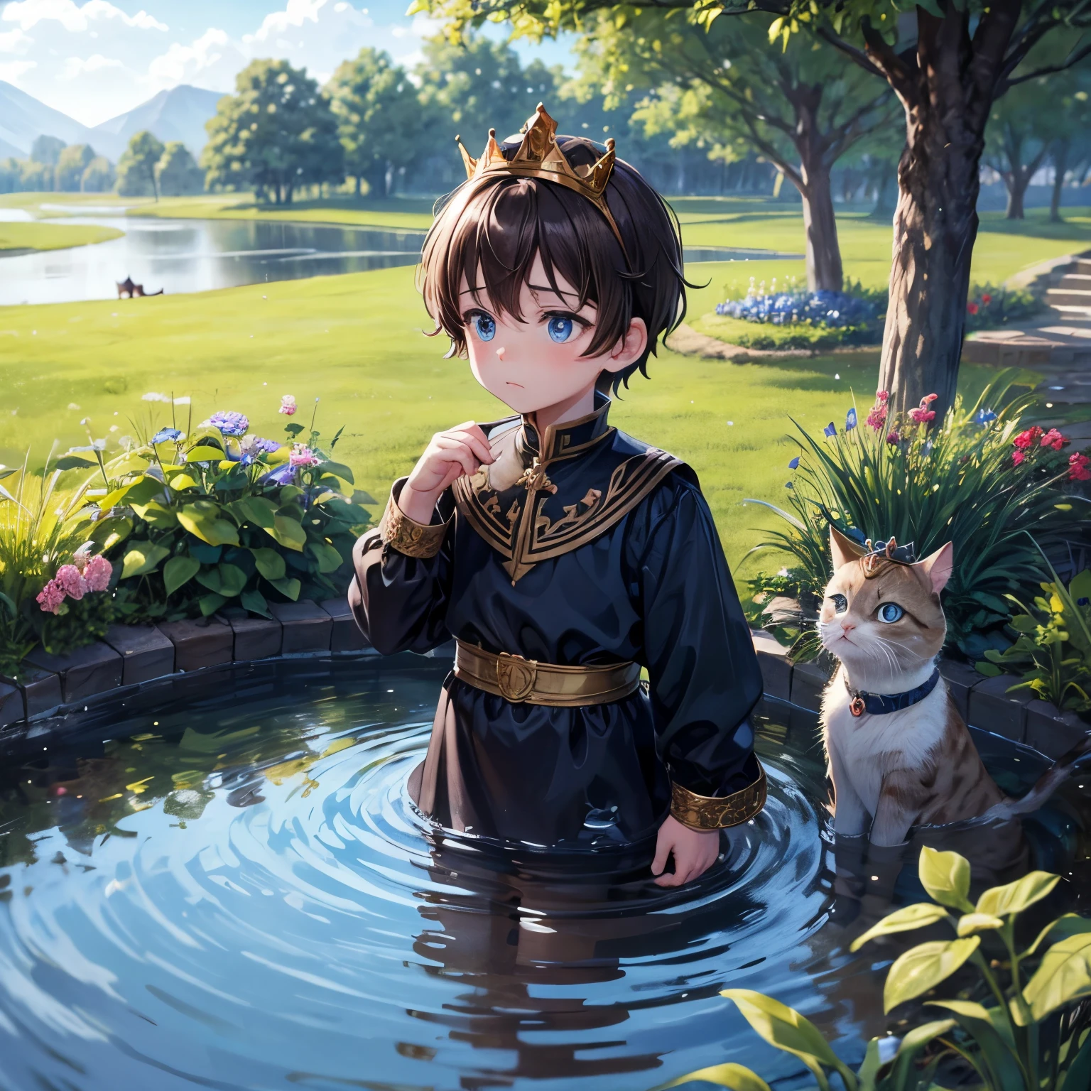 brown haired blue eyed charming little boy with sulking face, wearing crown, staring at black blue eyed cat in the pond