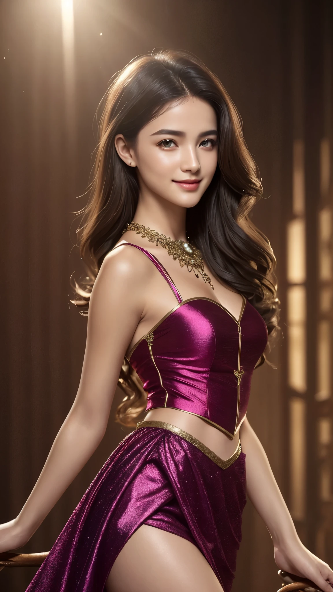 (photo realistic:1.4), (hyper realistic:1.4), (realistic:1.3), (softer lighting:1.05), (영화 조명 Increase quality:0.9), 32,000, 1 woman,20 year old girl, realistic lighting, backlight, my face shines, ray tracing, (brightly shining light:1.2), (Increase quality:1.4), (Top quality real textured skin:1.4), eye for detail, A face depicted in detail, Microscopic eyes,fantasy outfit, short skirt, fantasy style clothing, fantasy gown, Cherry-colored silk, Colorful and rich fantasy clothing, wearing fantastic clothes, dreamy style, A gorgeously flowing gown, beautiful legs, she looks straight ahead, beautiful smile, Short fantasy skirt that shows legs,