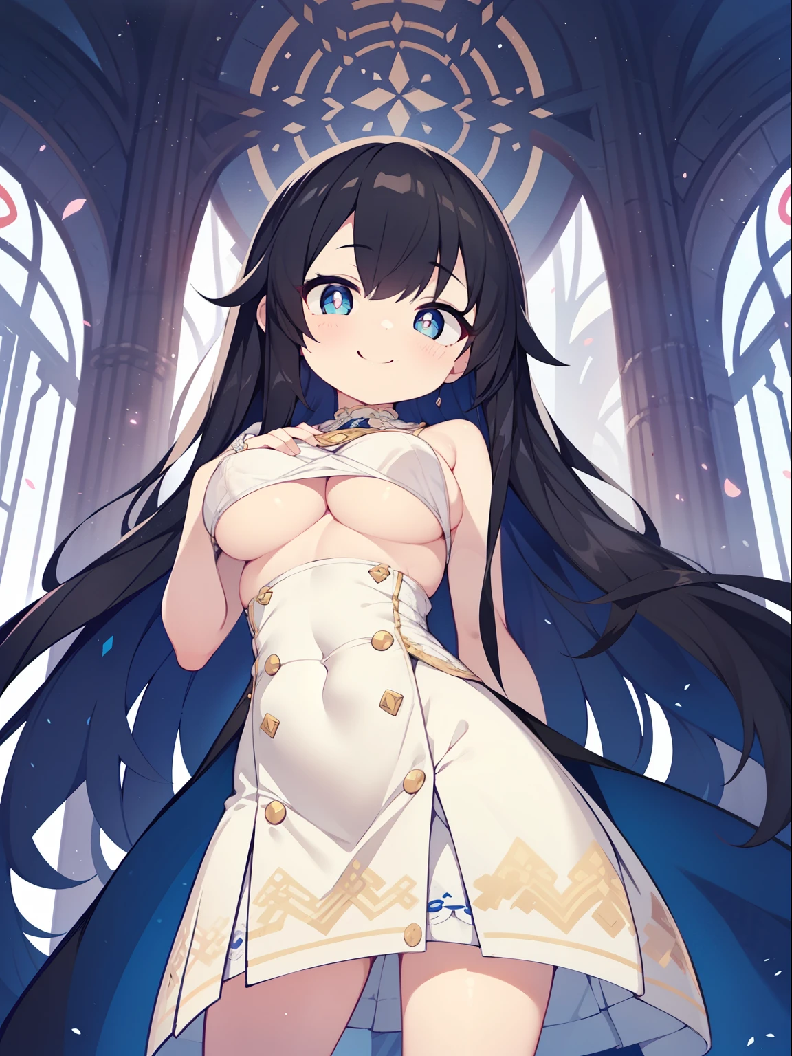 (girl:1.2), (1 person:1.2),(のgirl)、若いgirl、bigffsw、shader、big breasts、hied eyes、long hair、side boob、underboob、Glossy clee、black hair、silky hairess(White thin fabric、Plain color、mini skirt)、ultra-intricate pupil in eyes、highest quality、bright colors、Bust 100、rests、Standing picture of the game、Stirring composition、Composition looking up from below、Lift your with your hands、Pose that emphasizes the chest、fold your arms、grinning expression、eyes half closed、open your mouth、stinky eyes、evil face、Bullish smile、fold your hands behind your back、Hide your hands、evil smile、whole body、cute