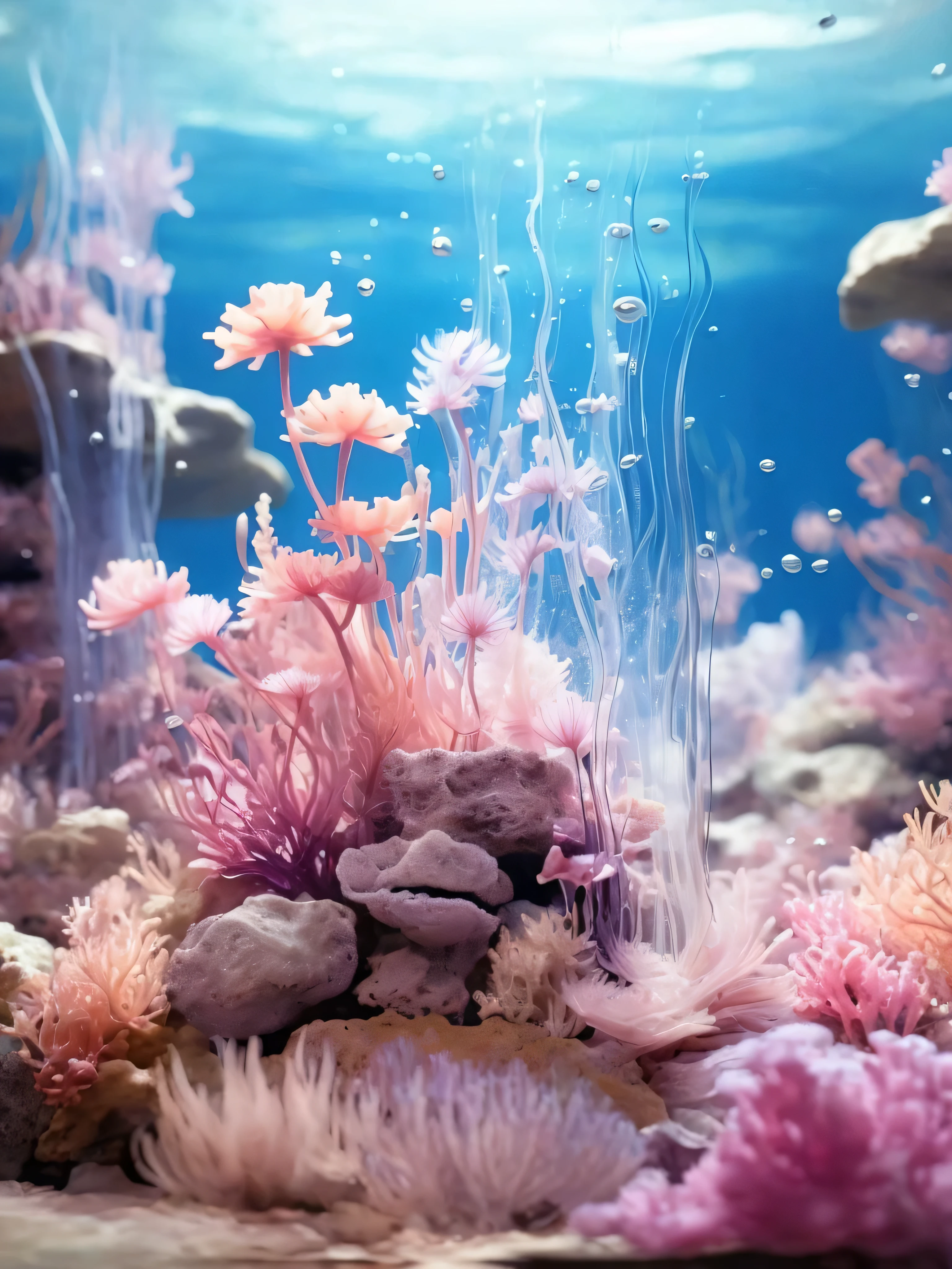 There is a fish tank，There are many pink flowers and plants inside, underwater soft colours, bubbly underwater scenery, underwater scene, underwater scenery, Underwater crystals, coral礁, underwater scenery, underwater landscape, underwater environment, underwater ocean, undersea environment, underwater landscape, coral礁, underwater plants, coral, 霓虹灯coral的, underwater life, Underwater caustics