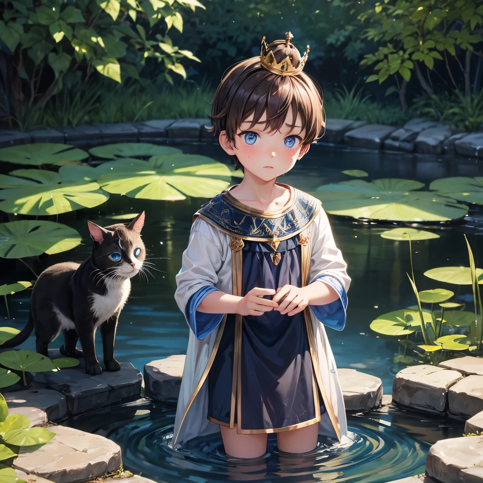 brown haired blue eyed charming with sulking face, wearing crown, he was staring at black blue eyed cat in the pond