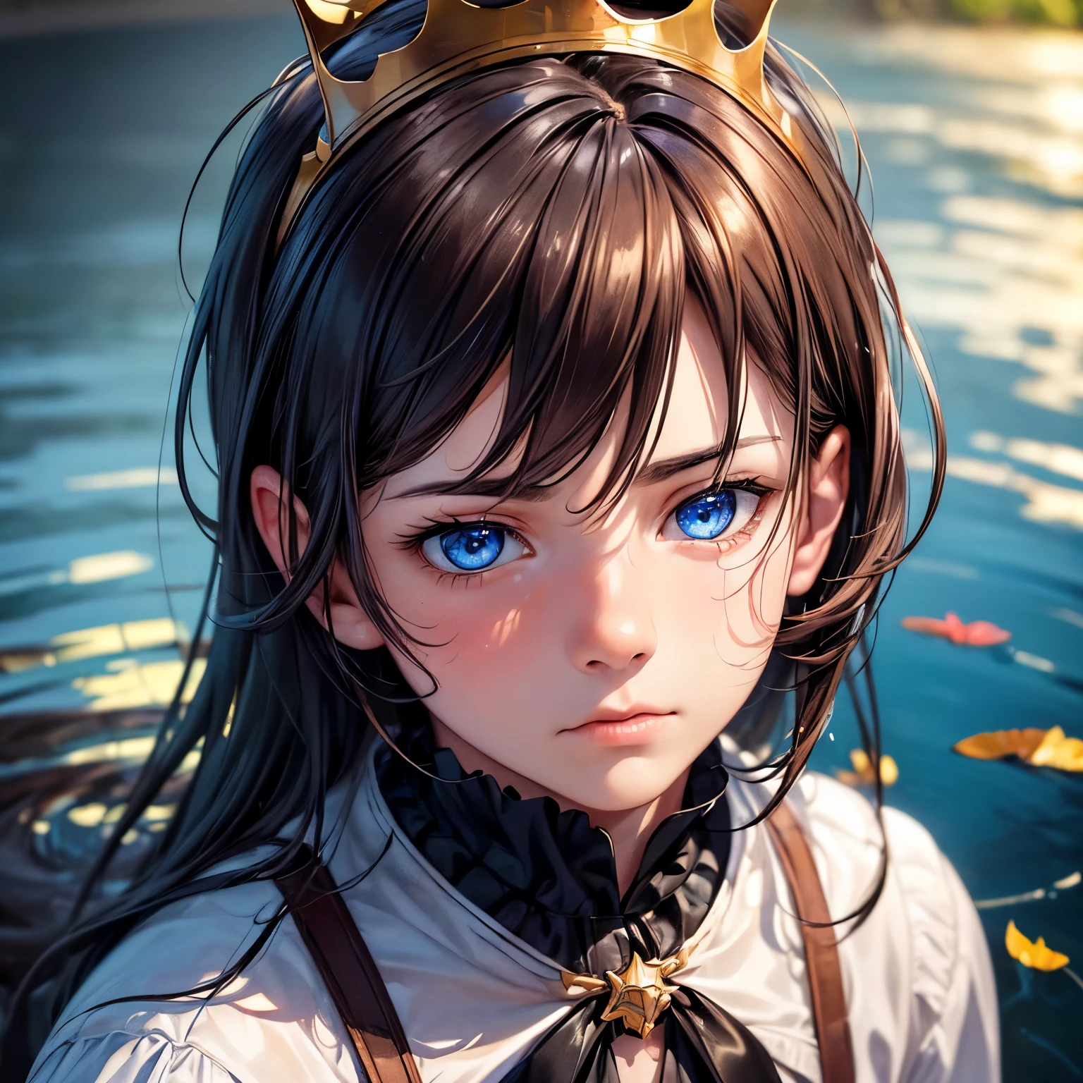(best quality,ultra-detailed,realistic:1.37),portrait,boy,blue eyes,brown hair,crown,sulking face,charming expression,staring,black cat,pond,reflection,vivid colors,studio lighting,detailed features,dramatic lighting,soft shadows,colored background