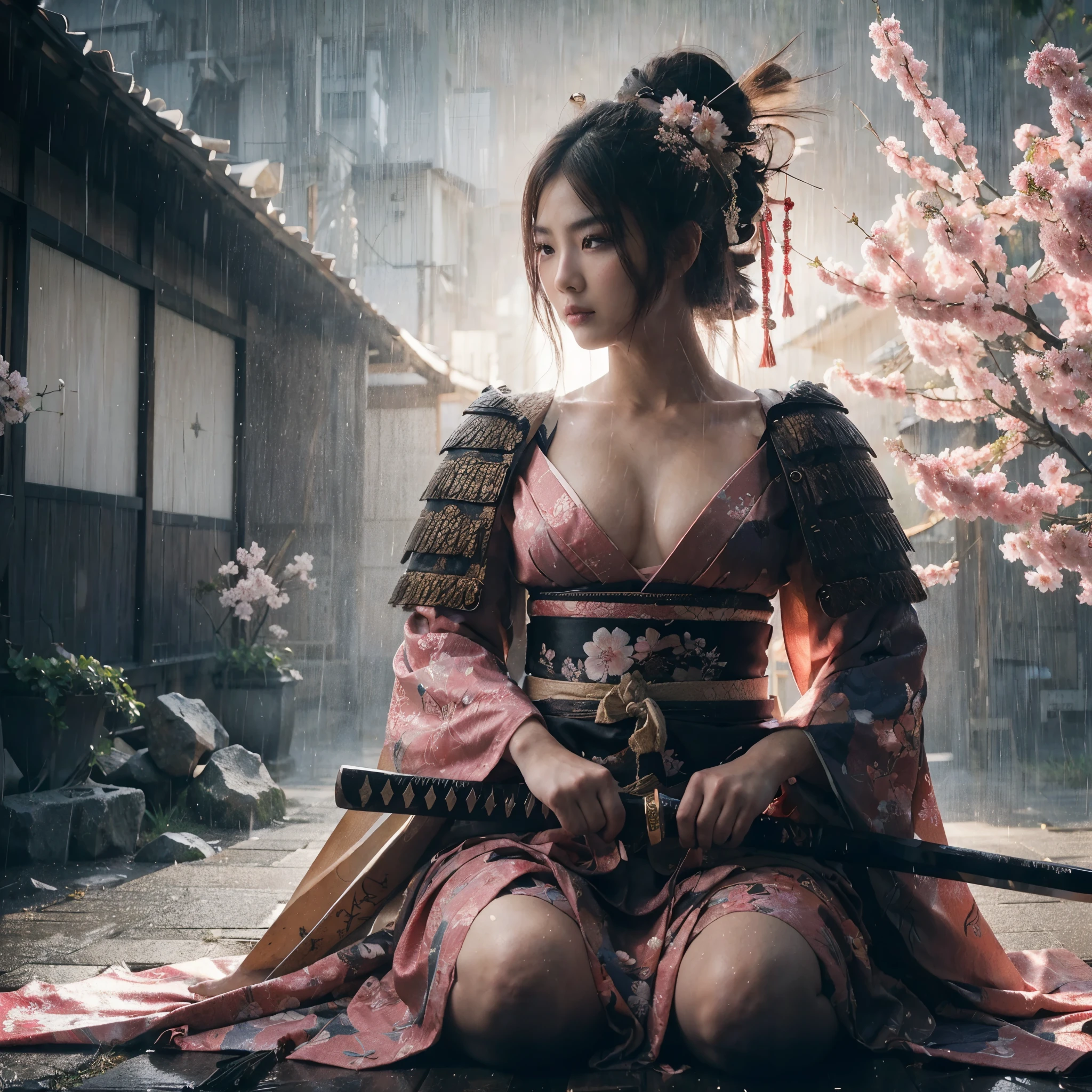 made a super low angle shoot photo full body of a beautiful femail Japanese human like samurai, perfectly proportional body, sitting and body exposed to very heavy rain, geisha costumes torn, carrying a samurai sword, background of pink blossom and a typical Japanese house, smoke effect, detailed and intricate, light focused on the face, hyperrealistic, superrealistic, photography, superrealistic facial skin, Ultra HD 32K.