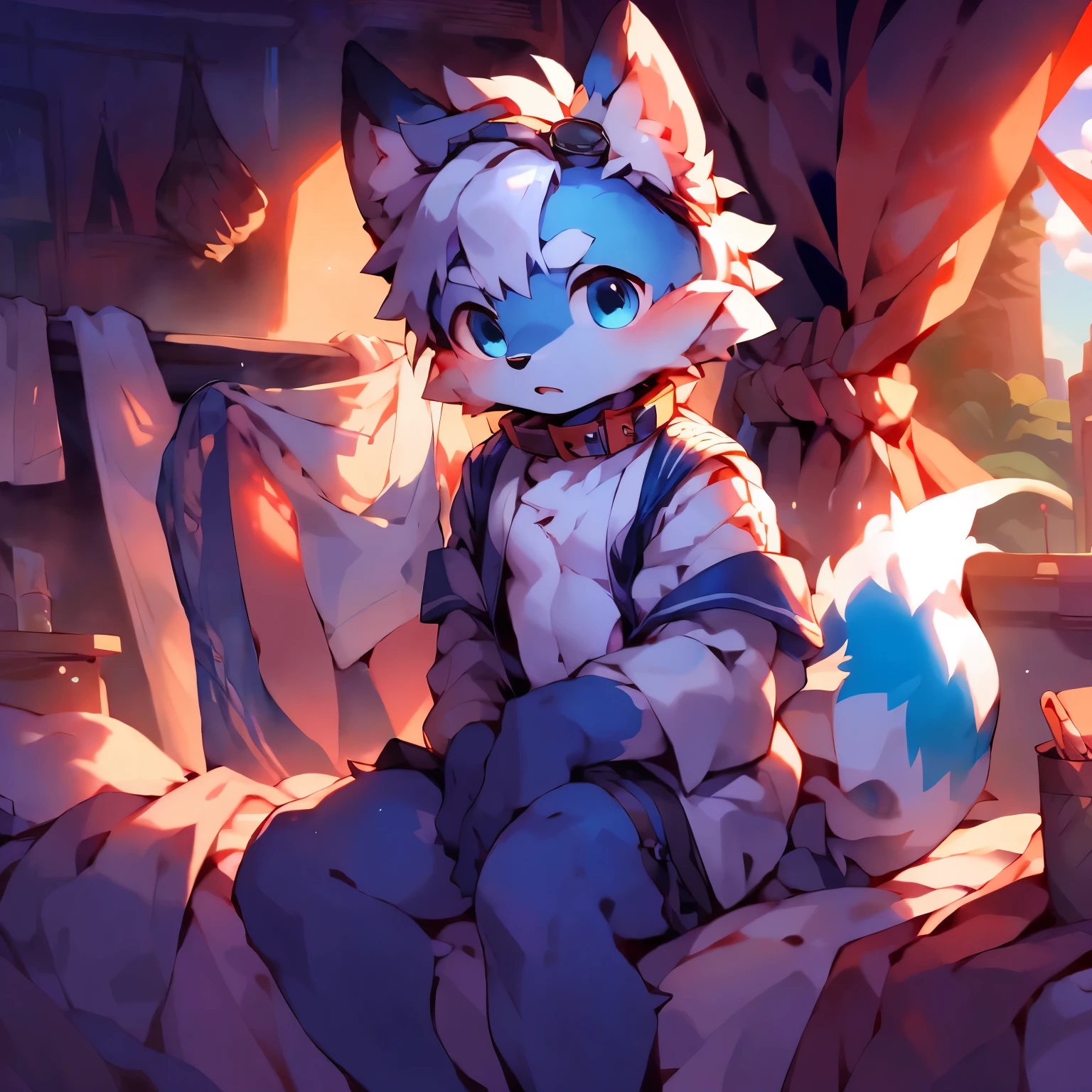 masterpiece, high quality portraits, 16k, hairy,( white_hair, blue eyes, blue fur:1.2), fox, cub, Solo boy, collar, Sailor suit, sailor hat, ??????????, goggles,skin_direction, warm light, placed in a, Ears droop,bedroom, Panorama,author：Kuroi Junmi, Yes,Kiyoyama