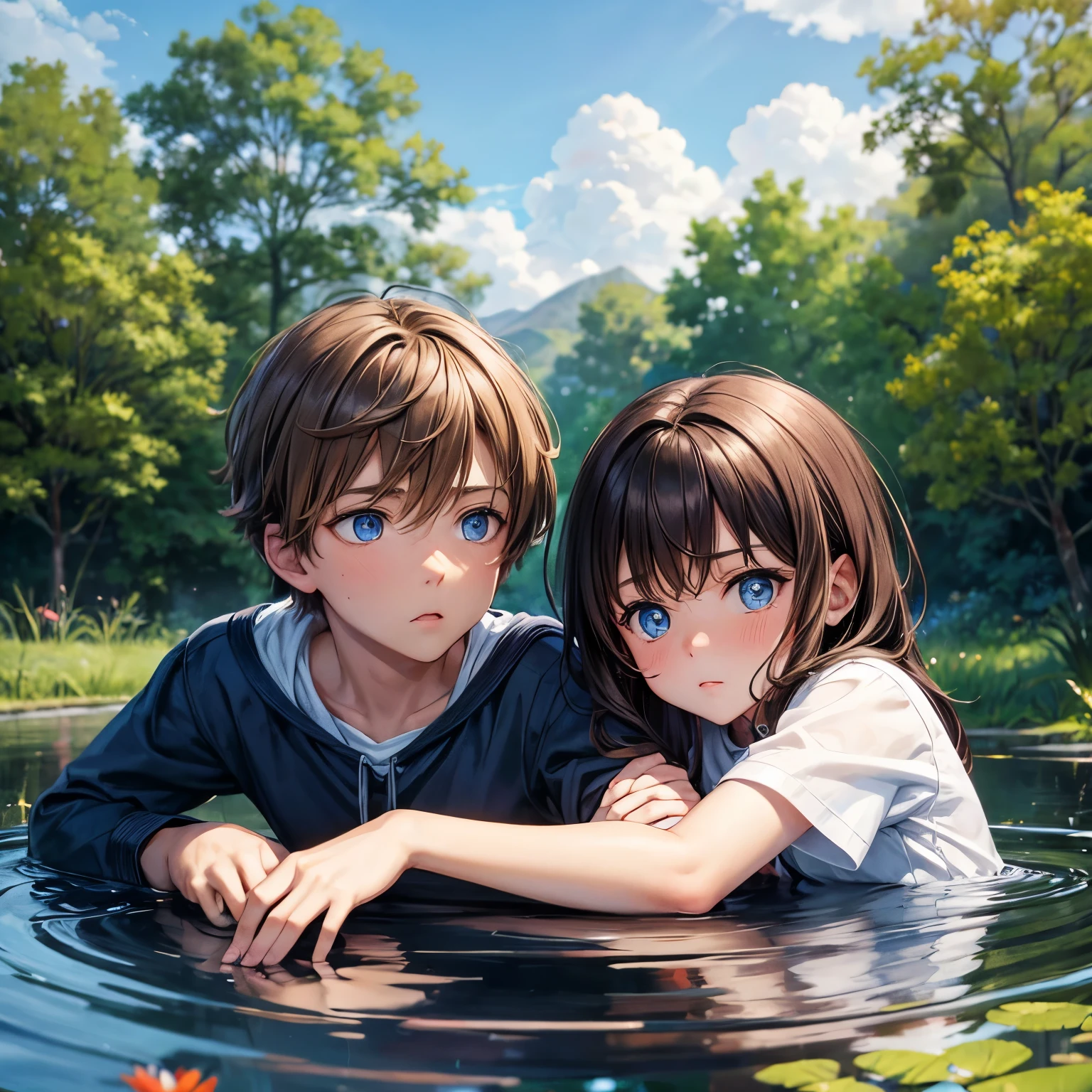 brown haired with blue eyed little boy who sulking with blue eyed cat in the pond