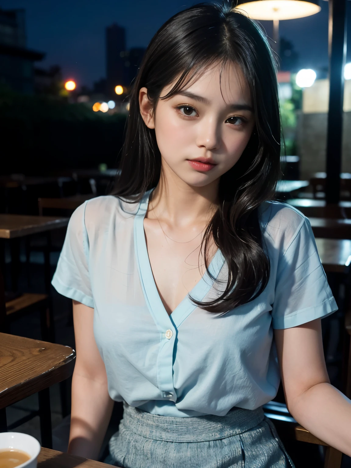 (muste piece, best quality:1.2), 8K, 20-year-old, Adult, 52 mm, Nikon D6, official art, professional portrait, Raw photo, disorganized, ticker, Dark night, street light, Taiwan, Night Downtown, Terrace seats, stall, Local Cafes, Local bars, 東南Asia, Asia, 1 girl, 究極のbeautiful girl, 幸せなbeautiful girl, Pretty face, beautiful girl, Full body Esbian, Violacea, gardenia, のbeautiful girl, ((Light blue shirt with exposed chest)), ((mini skirt))、brown eyes, sparkling eyes, sparkling eyes, Shiny lips with lip gloss, (long black hair:1.2), beautiful hair, ((stallの椅子に座って瓶ビールを飲む)), cute, I'm relaxing