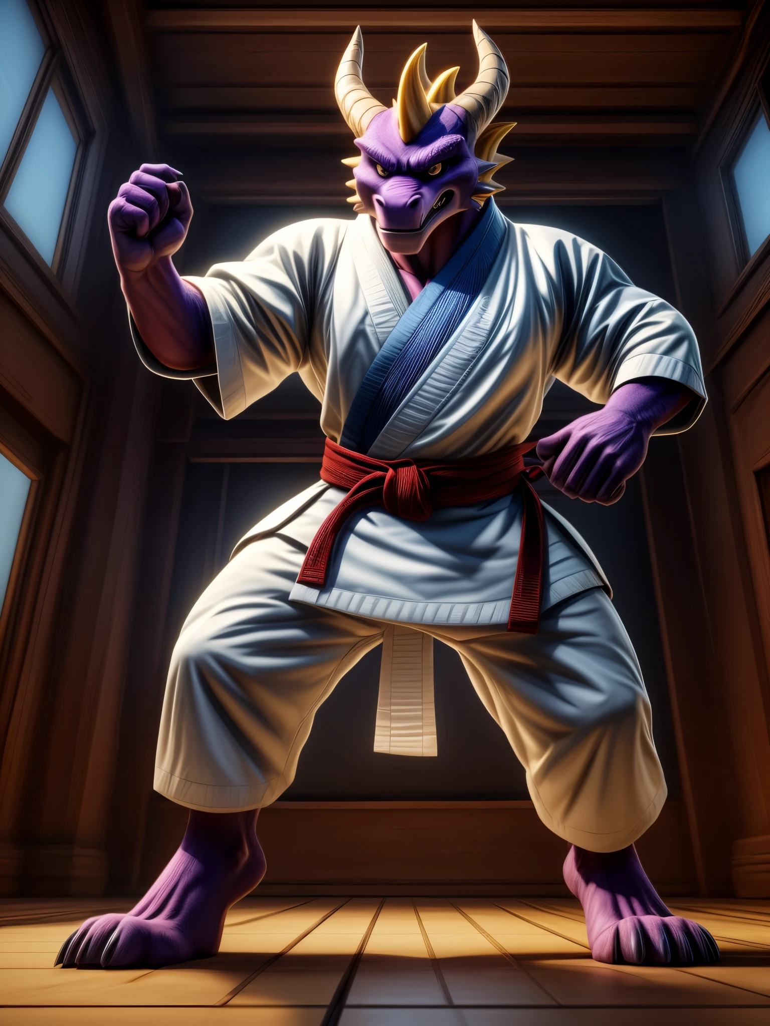 Digital art, 3d art, furry portrait, vivid colours, full body picture, full figure image, masterpiece, best quality, high resolution, Hyperrealist furry portrait of brawny barefoot Spyro as kid (Skylander Academy character: anthro purple dragon, cute, angry, strong, beefy, black and grey fur with tipical yellow marks) in red karate kimono with black belt, long karate kimono pants, karate training in dojo, karate stance, executing kick, detailed nice feet paws with short claws, high resolution, detailed background, 8k, photorealistic, (wide dynamic range, dynamic angles and pose: 1. 2) anatomically correct, digital art style, photoreal, visible feet paws, nice big paws with pawpads, hi res, detailed background, 8k, (wide dynamic range, dynamic angles and pose:1.2), sharp, focused, (DOA):1.23, (Particle，glowworm),（author：by Zourik）