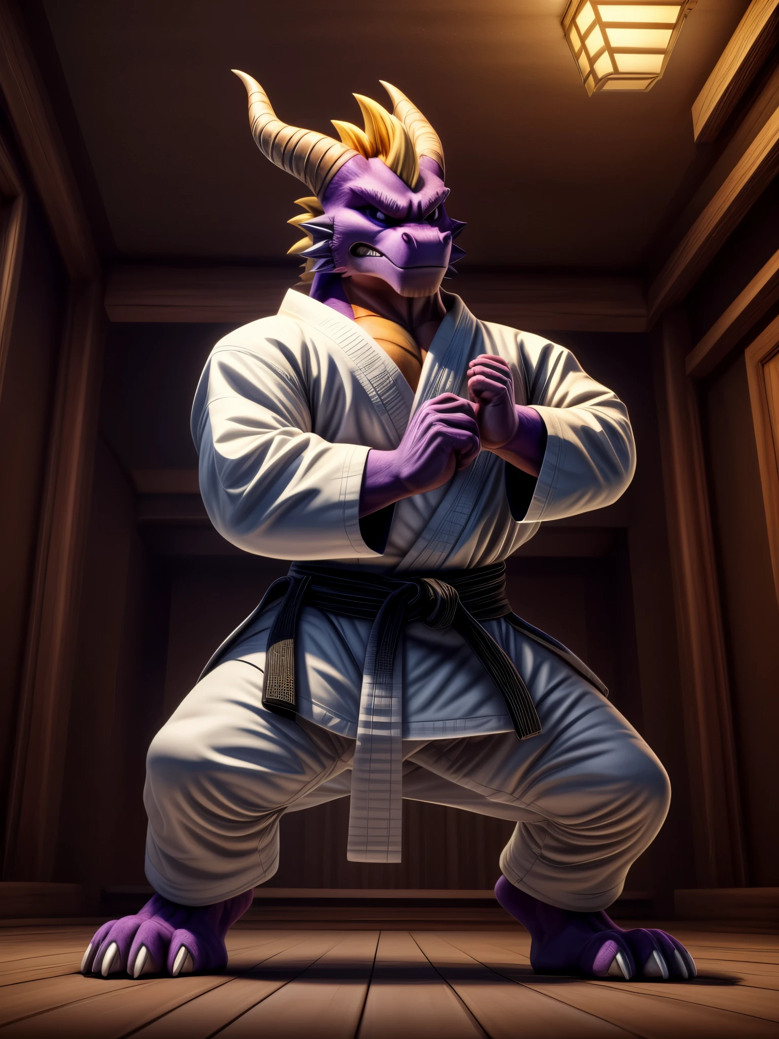 Digital art, 3d art, furry portrait, vivid colours, full body picture, full figure image, masterpiece, best quality, high resolution, Hyperrealist furry portrait of brawny barefoot Spyro (Skylander Academy character: anthro purple dragon, cute, angry, strong, beefy, black and grey fur with tipical yellow marks) in red karate kimono with black belt, long karate kimono pants, karate training in dojo, karate stance, executing kick, detailed nice feet paws with short claws, high resolution, detailed background, 8k, photorealistic, (wide dynamic range, dynamic angles and pose: 1. 2) anatomically correct, digital art style, photoreal, visible feet paws, nice big paws with pawpads, hi res, detailed background, 8k, (wide dynamic range, dynamic angles and pose:1.2), sharp, focused, (DOA):1.23, (Particle，glowworm),（author：by Zourik）