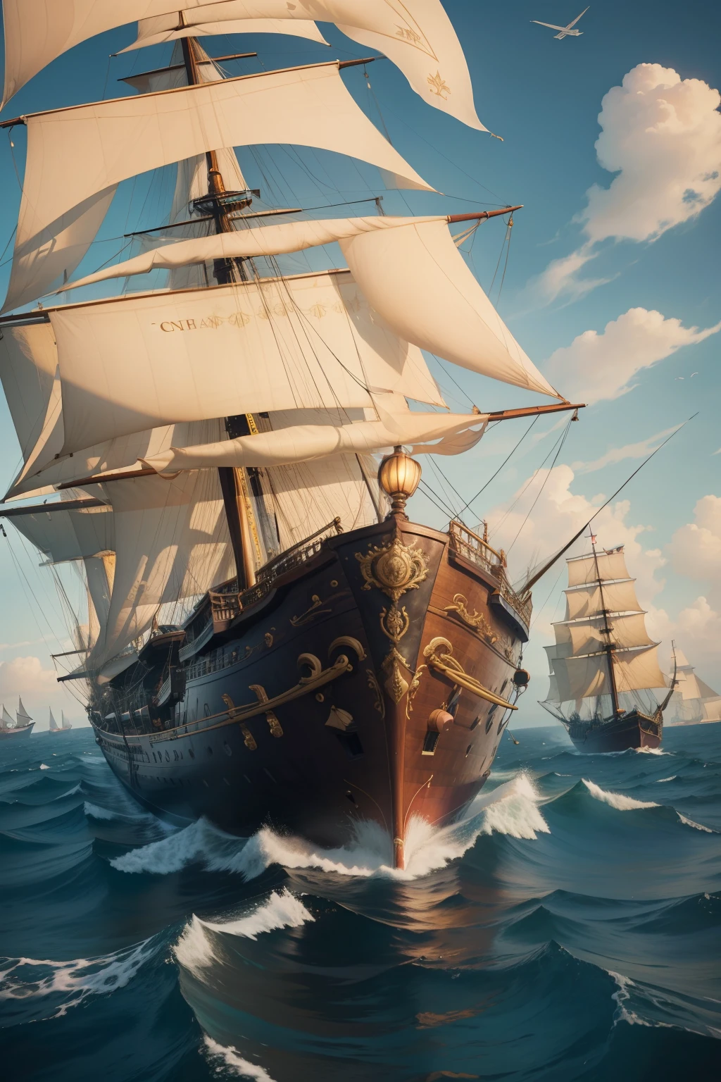 A magnificent wooden sailing ship with three decks gracefully cuts through the azure sea. Ornate golden decor adorns the hull, with intricately carved designs that shimmer in the sunlight. Cannons line the railings, ready for battle, adding to the ship's grandeur and intimidation. The sails billow in the wind, displaying a rich tapestry of vivid colors. Every detail is meticulously crafted, from the textured ropes to the polished wooden planks. The scene is captured in stunning 8K resolution, with a cinematic light that brings out the warm, rich hues of the ship. This is an obra-prima of maritime photography