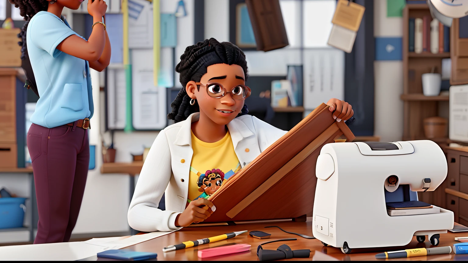 Uma Jovem Afro-Americana fazendo leitura de Moldes de Costura em um atelier de costura, estilo Disney Pixar, Alta Qualidade, Melhor Qualidade