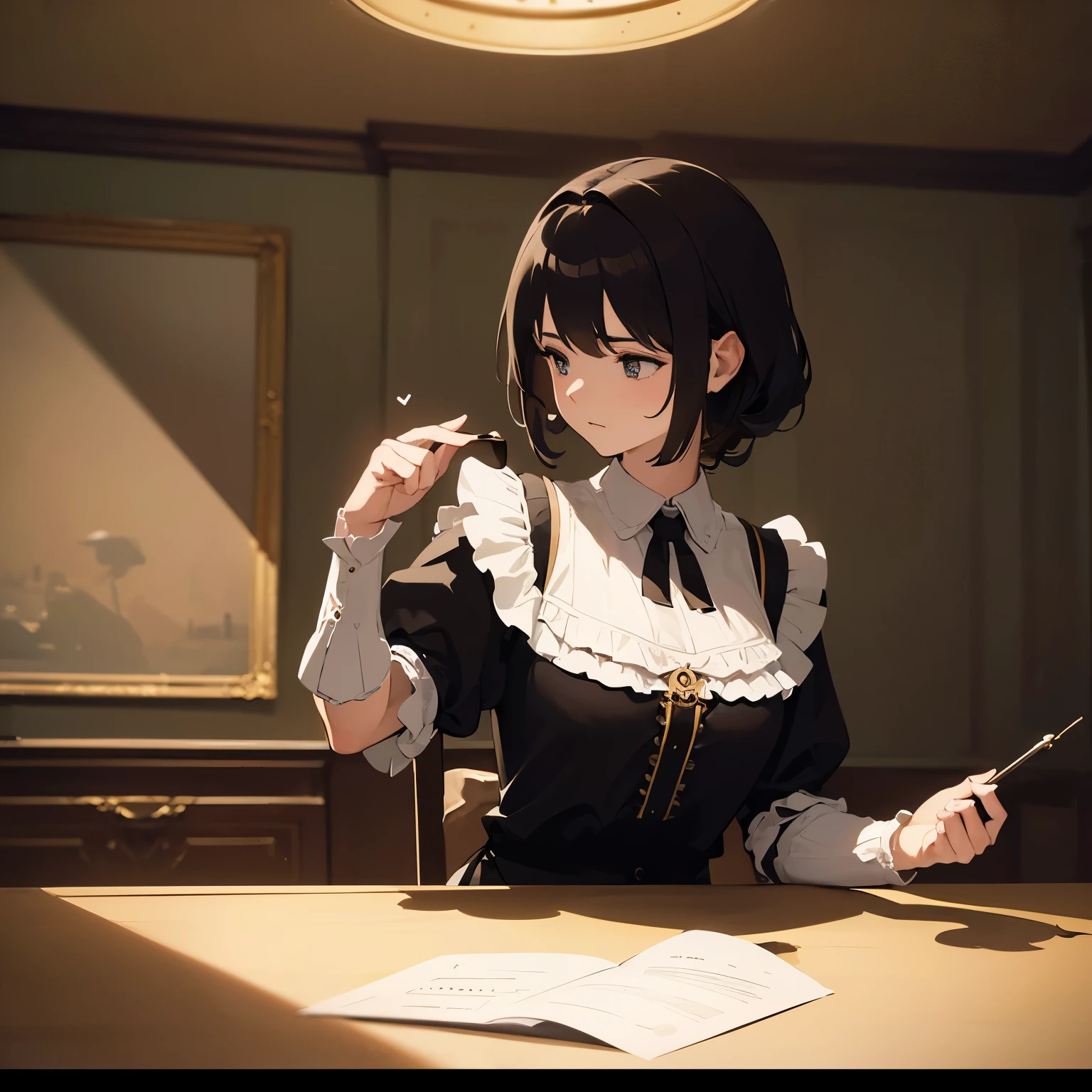(masterpiece:1.21), (highest quality:1.331), ((super detailed)), ((very best illustration)), ((wonderful)), (hyper quality), gorgeous and rich graphics, (very delicate and beautiful:1.21), 8K, wallpaper, (very beautiful lighting), hard light, delicate composition, (Perfect composition), (Very beautiful and detailed background:1.21), Rembrandt's representation of light and shadow, dark tone, (Low-key and high-dispersion color scale), ((Depth of bounds written)), deep shadow, dynamic angle, From the side, Upper body, apron,kitchen,chocolate,Valentine,girl,one person,one's home,