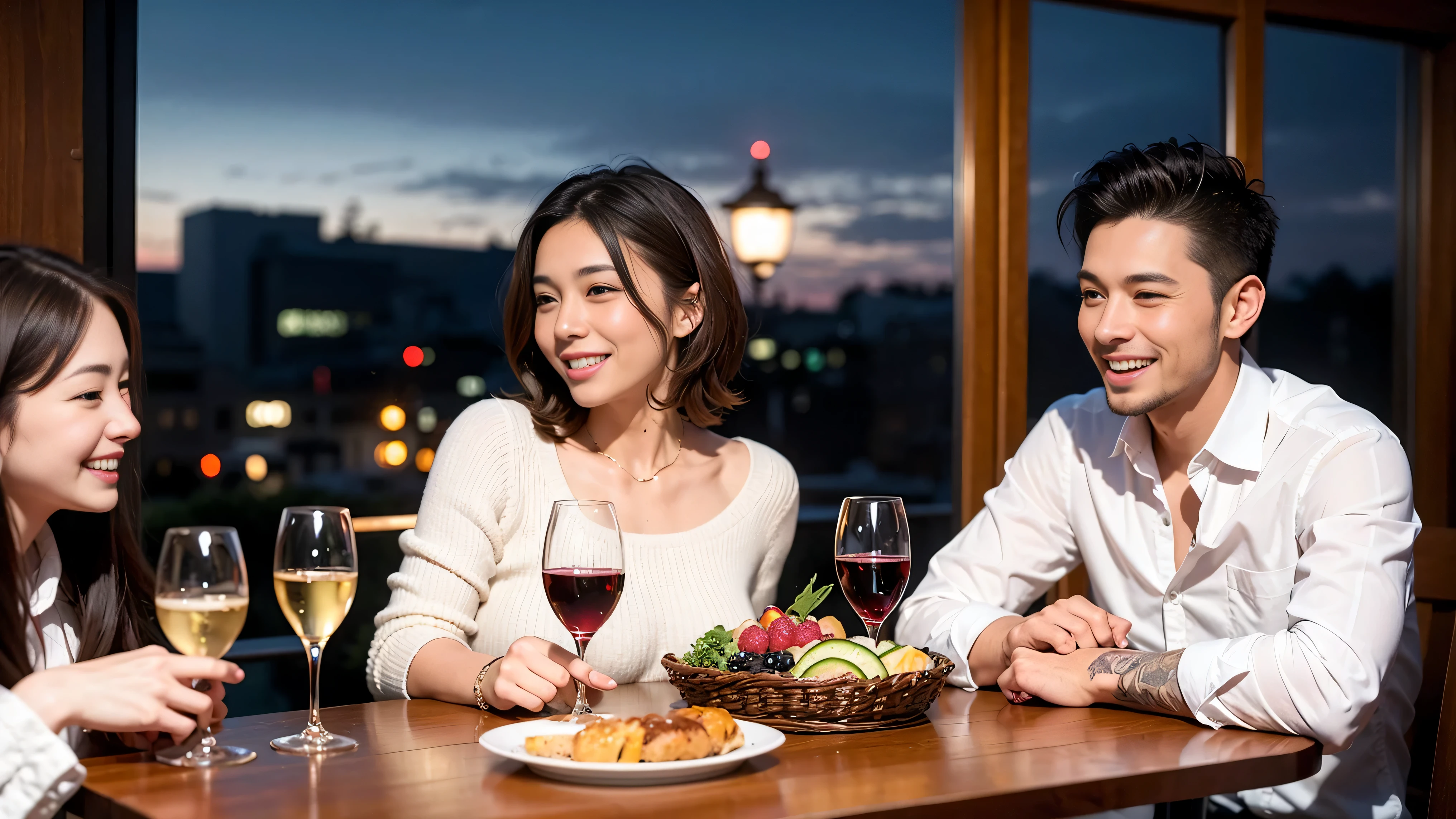 64k, UHD, highest quality, masterpiece: 1.2), (realistic, photorealistic: 1.37), Super detailed, celebration party、3 women who love wine、three men、Japanese sake、Shochu、champagne、Sparkling wine、winter night、restaurantでワイン宴会、(slimな男女4名),(Wine party for 5 people)、(slimフェイス),Happy、 最高なsmile、Fox Face、Berry Short、(because I'thin), (brown hair), (shortcut), long sleeve shirt、winter fashion、Japanese、Dutch、German、Portuguese、Belgian、Italian、french, (gush), (slimボティ), (brown hair), (shortcut), Neat beauty、cheeks blush a little, (34 years old), 38 years old, alone, A beautiful and detailed night view spreads out outside the window..., restaurant, wine glassが座っている, At night, in a prominent place (from the Upper body) nova frog style, actress, model, Upper body, White wine, slim, wine glass, very beautiful night view, wine glass Put in the Middle, Happy smile, (smile: 1.15),