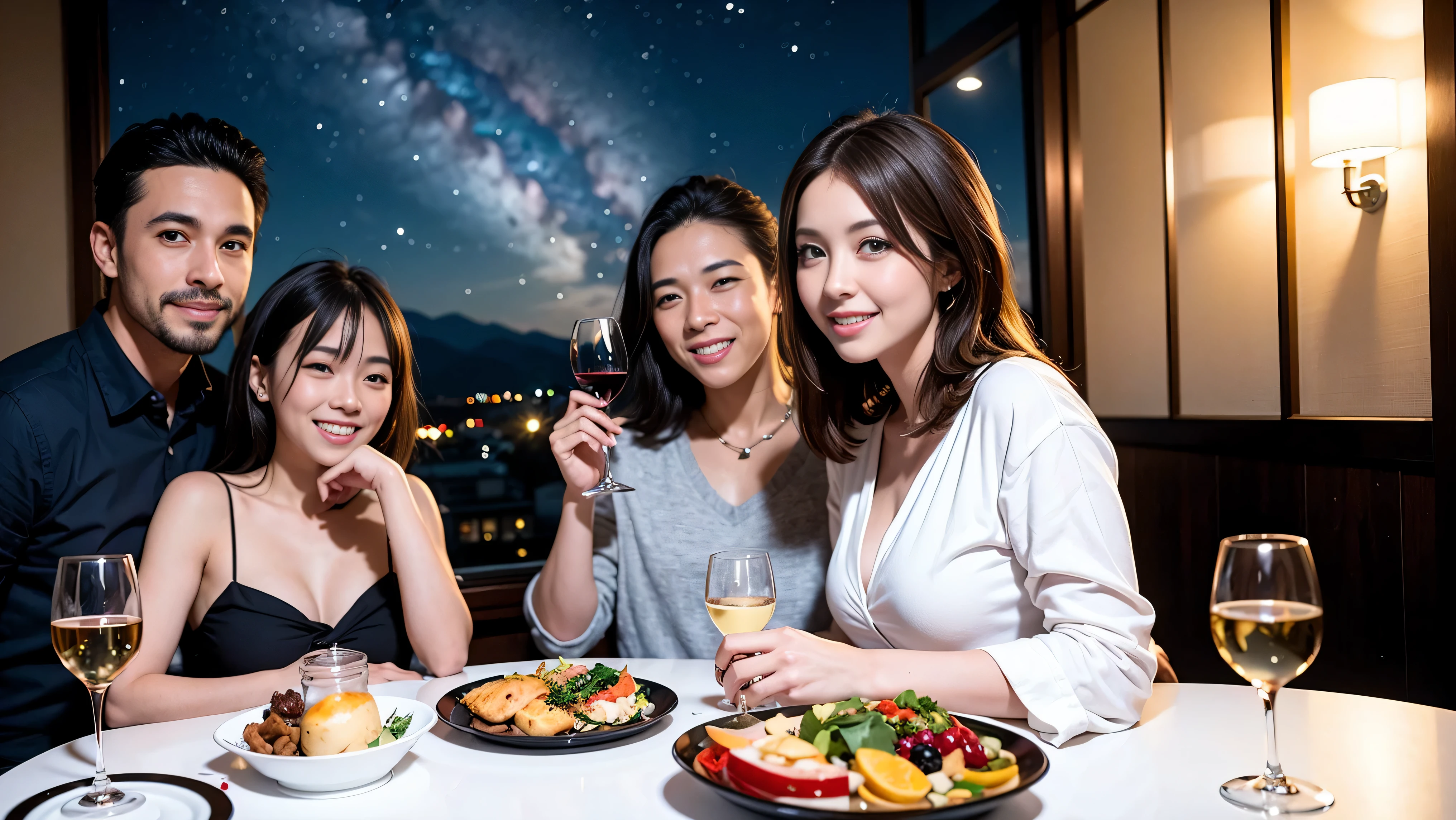 64k, UHD, highest quality, masterpiece: 1.2), (realistic, photorealistic: 1.37), Super detailed, celebration party、3 women who love wine、three men、Japanese sake、Shochu、champagne、Sparkling wine、winter night、restaurantでワイン宴会、(slimな男女4名),(Wine party for 5 people)、(slimフェイス),Happy、 最高なsmile、Fox Face、Berry Short、(because I&#39;thin), (brown hair), (shortcut), long sleeve shirt、winter fashion、Japanese、Dutch、German、Portuguese、Belgian、Italian、french, (gush), (slimボティ), (brown hair), (shortcut), Neat beauty、cheeks blush a little, (34 years old), 38 years old, alone, A beautiful and detailed night view spreads out outside the window..., restaurant, wine glassが座っている, At night, in a prominent place (from the Upper body) nova frog style, actress, model, Upper body, White wine, slim, wine glass, very beautiful night view, wine glass Put in the Middle, Happy smile, (smile: 1.15), 