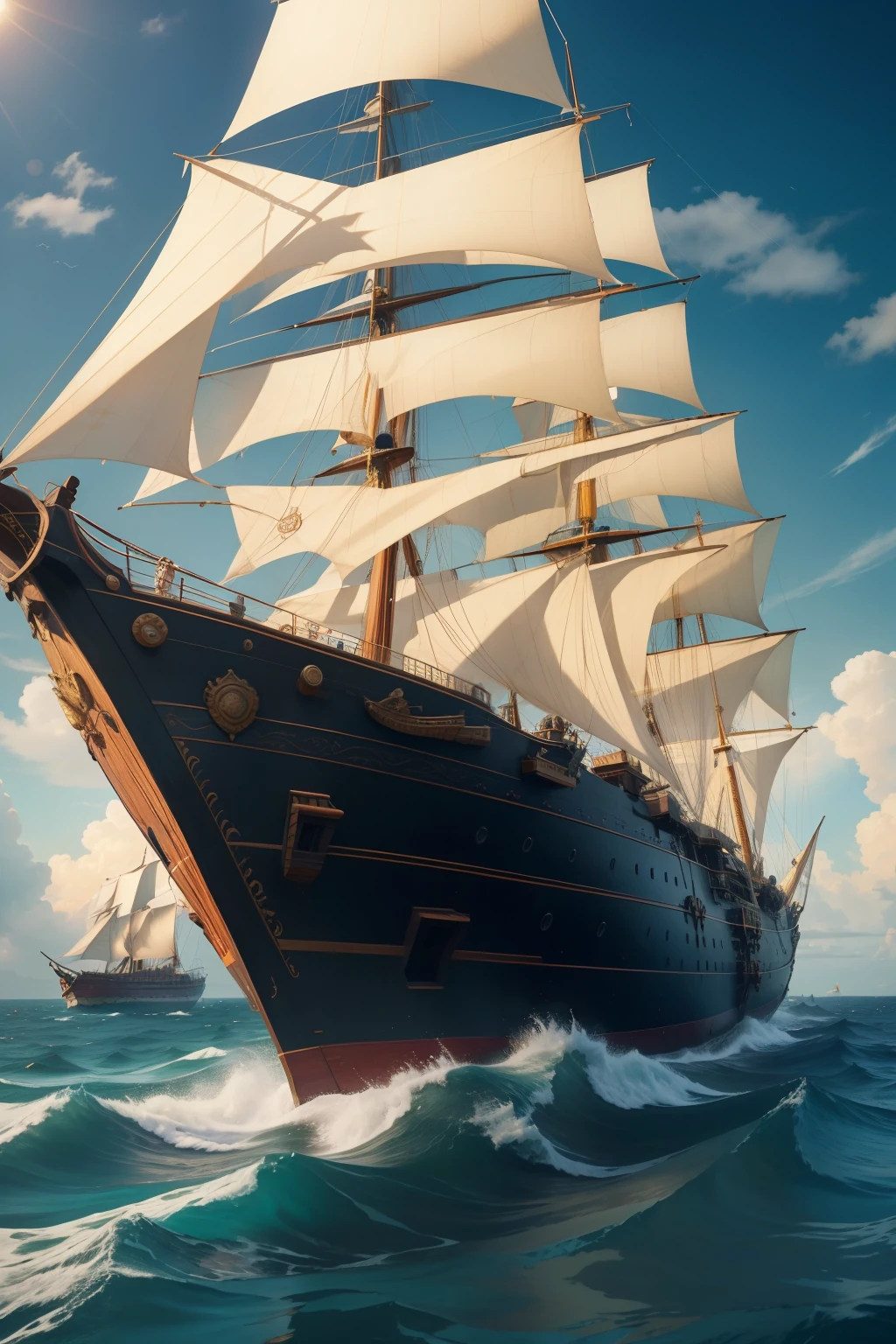 A magnificent wooden sailing ship with three decks gracefully cuts through the azure sea. Ornate golden decor adorns the hull, with intricately carved designs that shimmer in the sunlight. Cannons line the railings, ready for battle, adding to the ship's grandeur and intimidation. The sails billow in the wind, displaying a rich tapestry of vivid colors. Every detail is meticulously crafted, from the textured ropes to the polished wooden planks. The scene is captured in stunning 8K resolution, with a cinematic light that brings out the warm, rich hues of the ship. This is an obra-prima of maritime photography