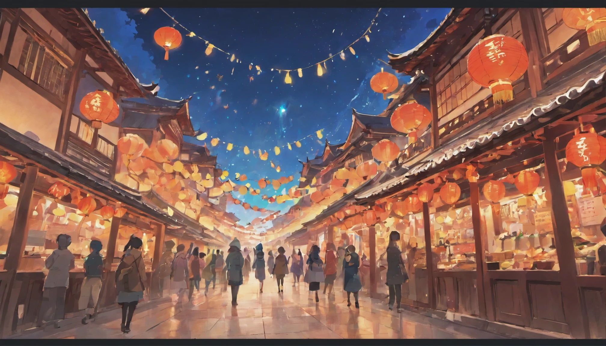 new year，Chinese style town，night sky，decorate，Chinese lanterns are hung up，fireworks，no characters，Lively street