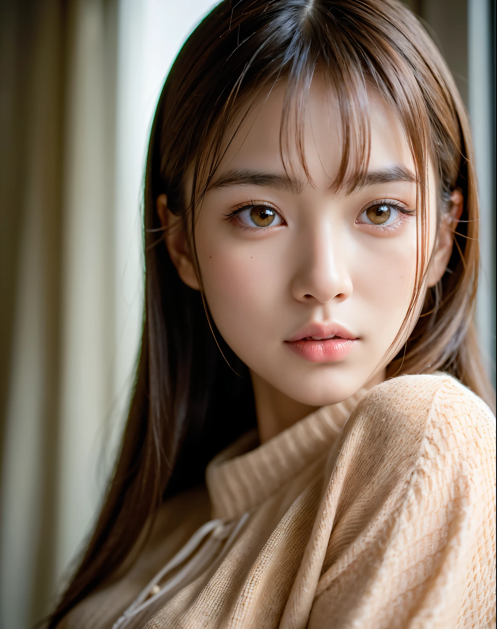 super highest quality, face focus, soft light, ultra high resolution, (realistic:1.4), RAW photo,
1 Japanese girl, alone, cute, (pupil, There&#39;s a light in my eyes),  (detailed beautiful face:1.3)  ((High resolution details of human skin texture:1.3)
(long hair),
indoor,
Damask Shirt Dress,
(portrait)  高精細にpupilにフォーカス　diffused light from window　Beautiful gradation