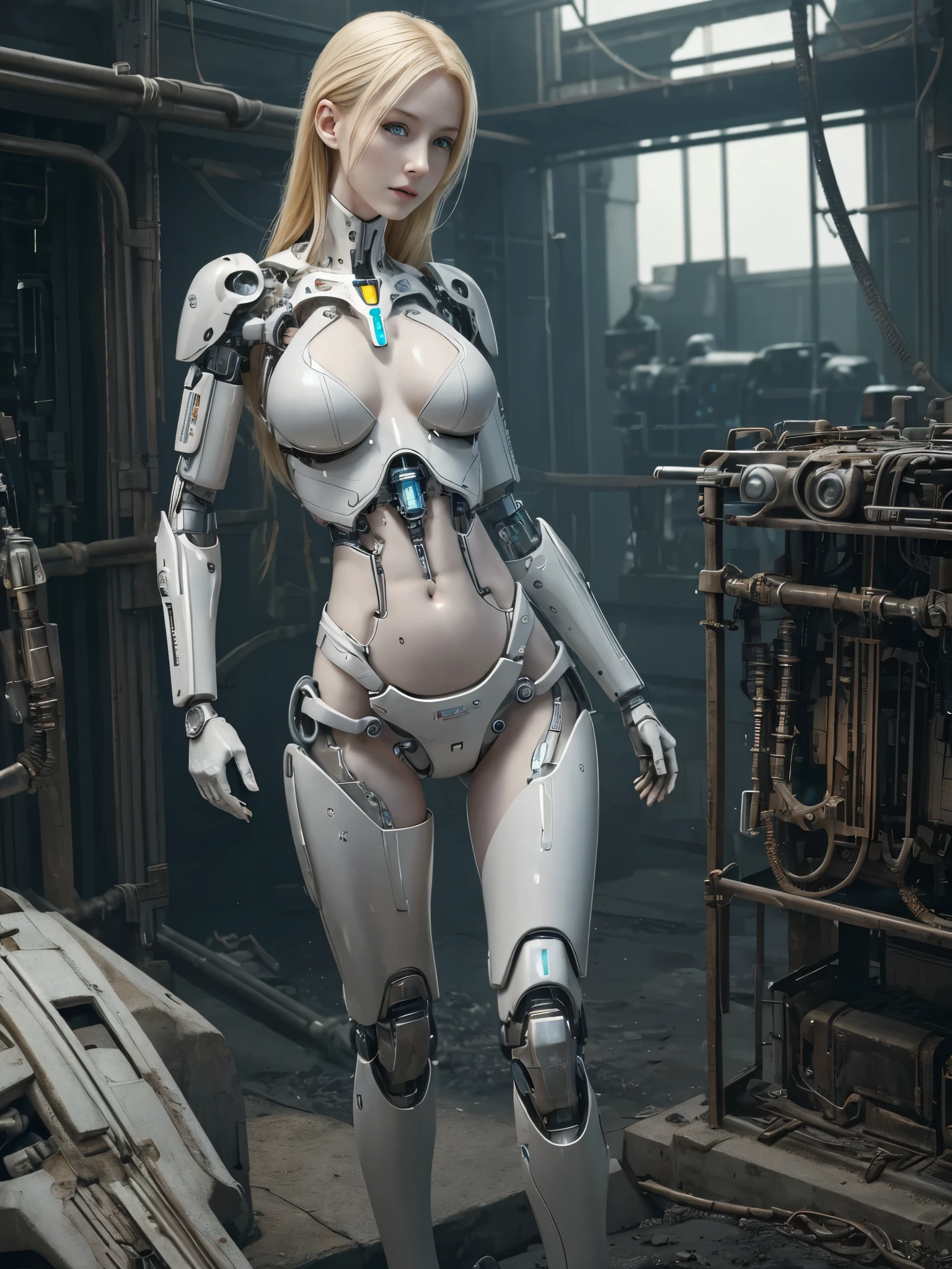 arafed a woman, standing alone, daylight, detail realistic, porcelain skin, very pale skin, very beautiful, blonde woman, many mechanical body organs, expose chest and belly, hands and legs are cyborg, mystical post apocalyptic cyborg, dystopian sci-fi surrounding, torso and belly seen