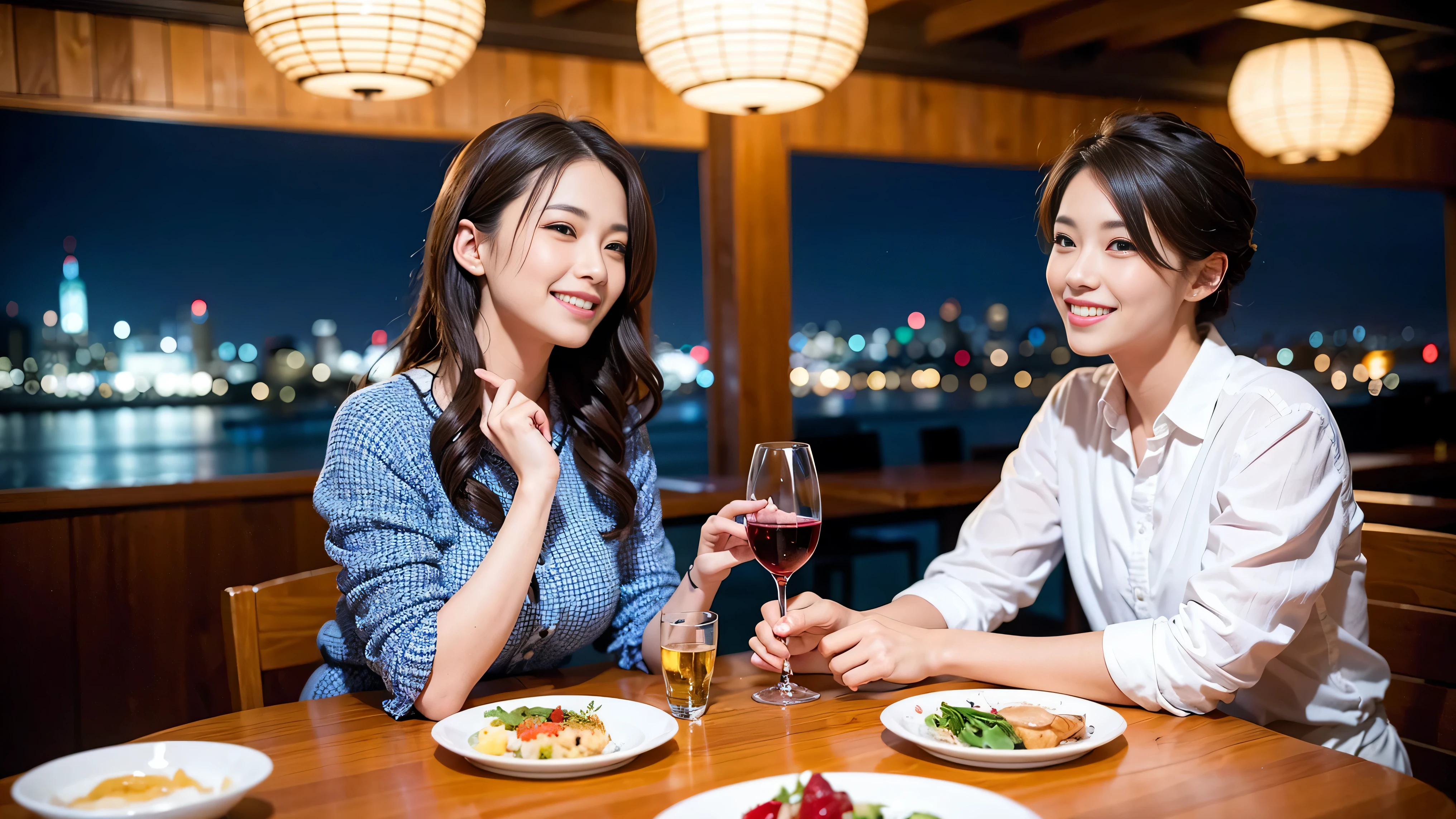 64k, UHD, highest quality, masterpiece: 1.2), (realistic, photorealistic: 1.37), Super detailed, celebration party、3 women who love wine、three men、Japanese sake、Shochu、champagne、Sparkling wine、winter night、restaurantでワイン宴会、(slimな男女4名),(Wine party for 5 people)、(slimフェイス),Happy、 最高なsmile、Fox Face、Berry Short、(because I'thin), (brown hair), (shortcut), long sleeve shirt、winter fashion、Japanese、Dutch、German、Portuguese、Belgian、Italian、french, (gush), (slimボティ), (brown hair), (shortcut), Neat beauty、cheeks blush a little, (34 years old), 38 years old, alone, A beautiful and detailed night view spreads out outside the window..., restaurant, wine glassが座っている, At night, in a prominent place (from the Upper body) nova frog style, actress, model, Upper body, White wine, slim, wine glass, very beautiful night view, wine glass Put in the Middle, Happy smile, (smile: 1.15),