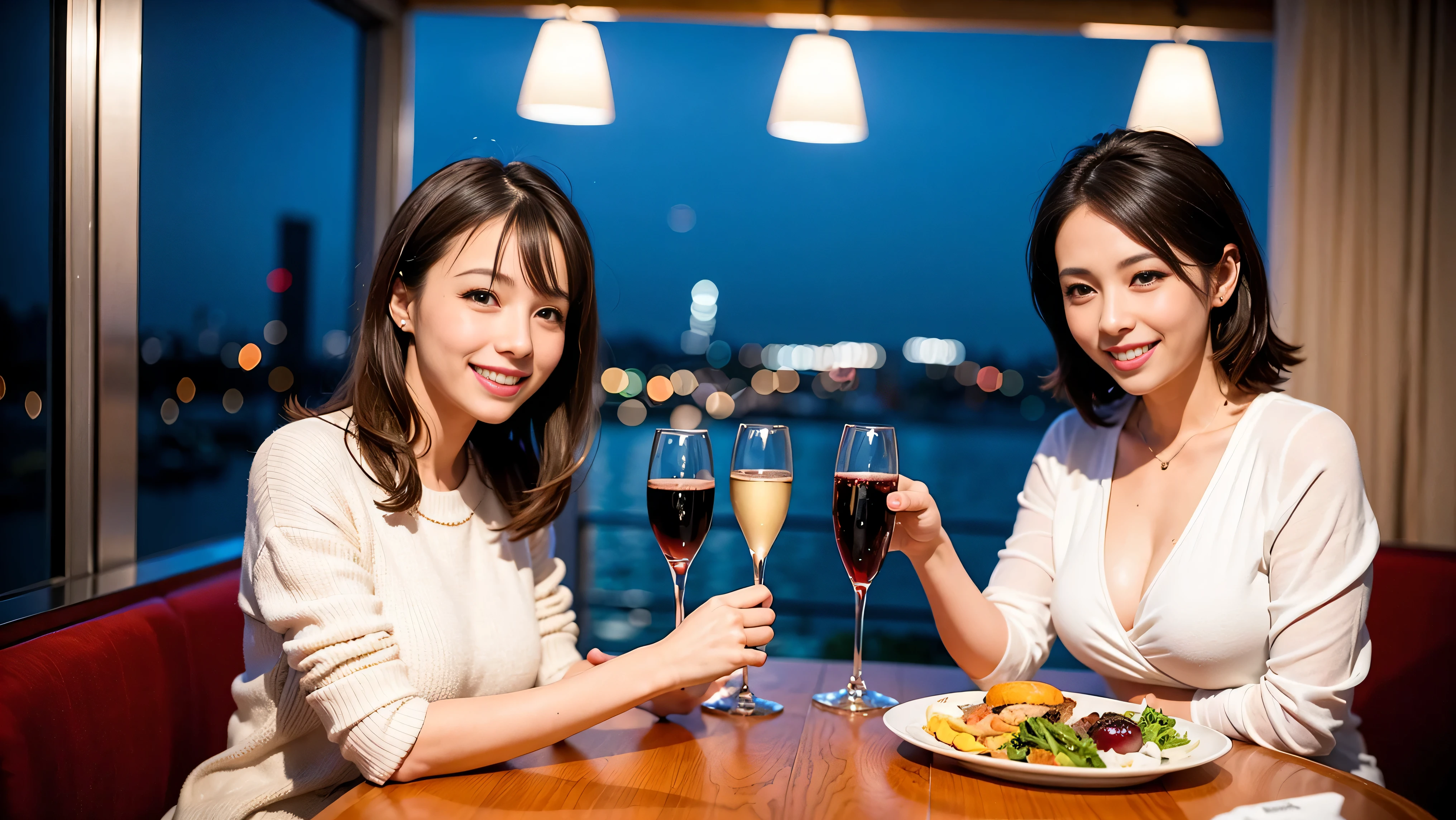 64k, UHD, highest quality, masterpiece: 1.2), (realistic, photorealistic: 1.37), Super detailed, celebration party、3 women who love wine、three men、Japanese sake、Shochu、champagne、Sparkling wine、winter night、restaurantでワイン宴会、(slimな男女4名),(Wine party for 5 people)、(slimフェイス),Happy、 最高なsmile、Fox Face、Berry Short、(because I'thin), (brown hair), (shortcut), long sleeve shirt、winter fashion、Japanese、Dutch、German、Portuguese、Belgian、Italian、french, (gush), (slimボティ), (brown hair), (shortcut), Neat beauty、cheeks blush a little, (34 years old), 38 years old, alone, A beautiful and detailed night view spreads out outside the window..., restaurant, wine glassが座っている, At night, in a prominent place (from the Upper body) nova frog style, actress, model, Upper body, White wine, slim, wine glass, very beautiful night view, wine glass Put in the Middle, Happy smile, (smile: 1.15),