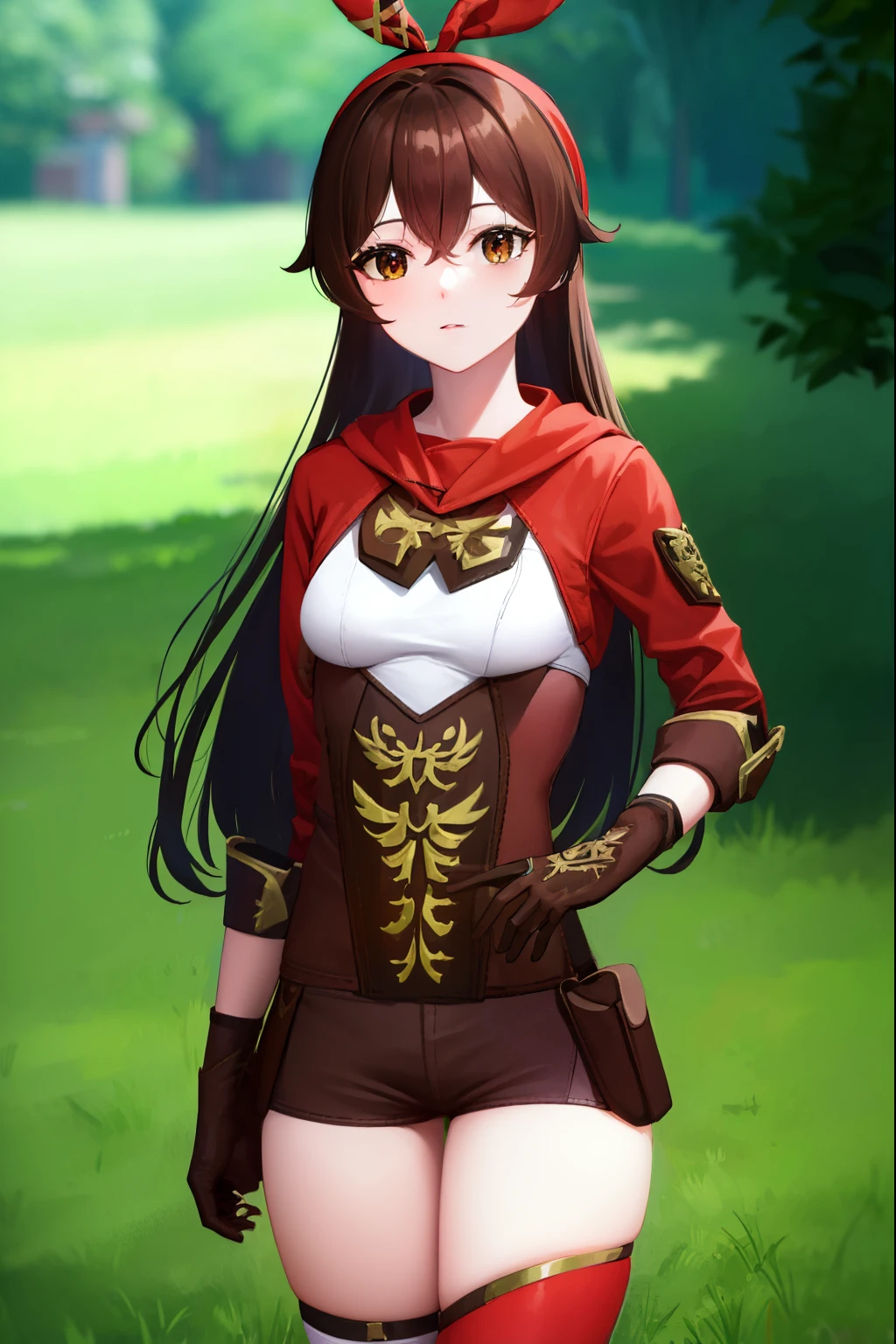 genshinamber, amber, brown hair, long hair, (brown eyes:1.5), hair between eyes, hair ribbon, ribbon, red ribbon, (small breasts:1.2), smile,
BREAK brown shorts, long sleeves, white thighhighs, shorts, thighhighs, jacket, crop jacket, red jacket, corset, gloves, brown gloves,
BREAK outdoors, nature, forest,
BREAK looking at viewer, (cowboy shot:1.5), upper body,
BREAK (masterpiece:1.2), best quality, high resolution, unity 8k wallpaper, (illustration:0.8), (beautiful detailed eyes:1.6), extremely detailed face, perfect lighting, extremely detailed CG, (perfect hands, perfect anatomy),