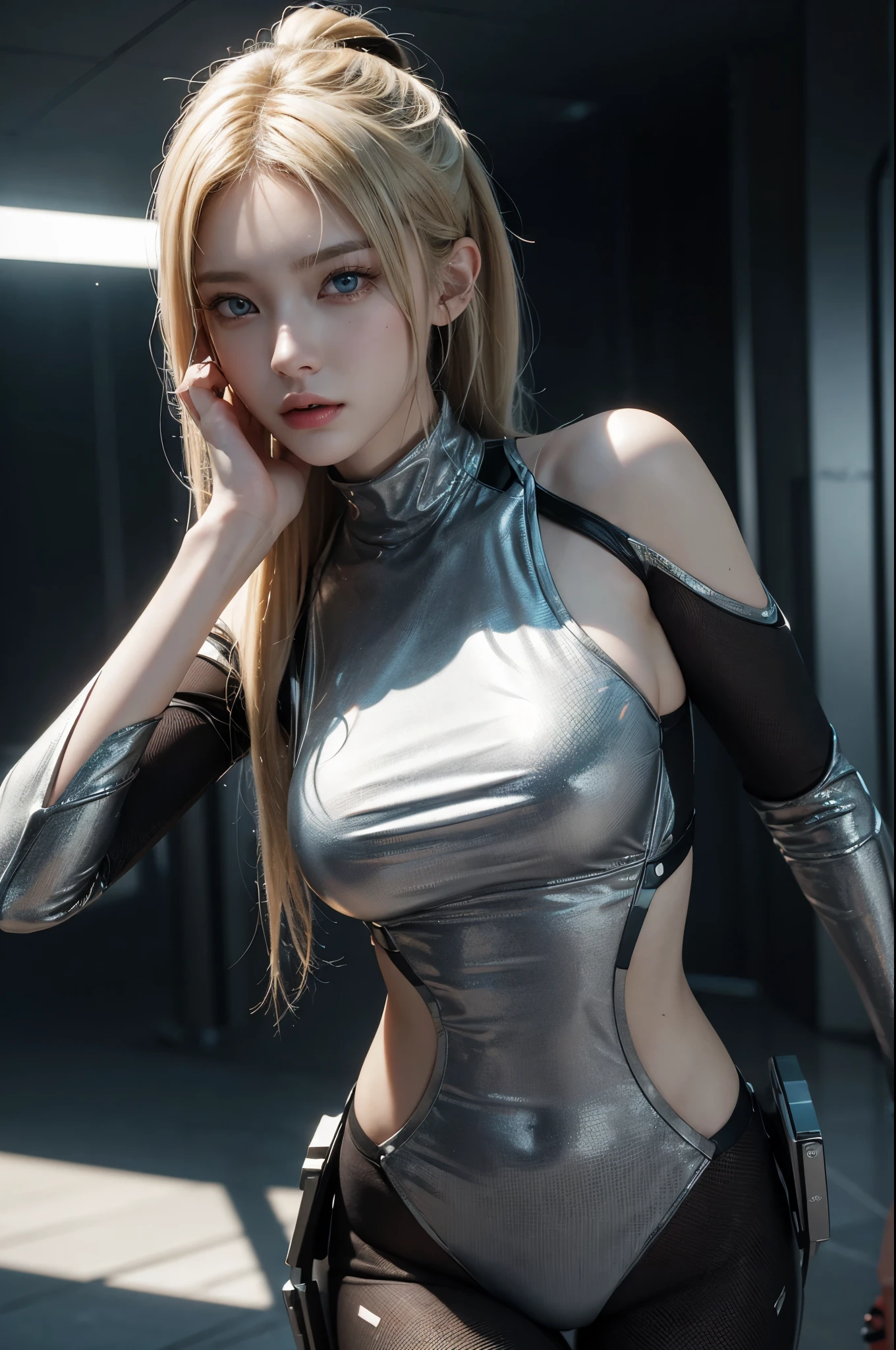 ((Best quality)), ((masterpiece)), (detailed:1.4), 3D, an image of a beautiful cyberpunk female, charming Russian model Nata Lee, light blonde hair, HDR (High Dynamic Range), Ray Tracing, NVIDIA RTX, Super-Resolution, Unreal 5, Subsurface scattering, PBR Texturing, Post-processing, Anisotropic Filtering, Depth-of-field, Maximum clarity and sharpness, Multi-layered textures, Albedo and Specular maps, Surface shading, Accurate simulation of light-material interaction, Perfect proportions, Octane Render, Two-tone lighting, Wide aperture, Low ISO, White balance, Rule of thirds,8K RAW.