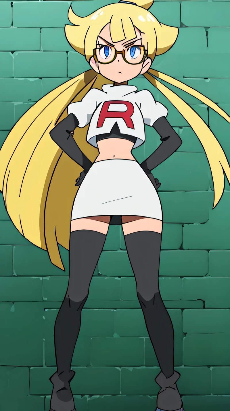 Beautiful girl with under-rim glasses with blonde ponytail and white coat over uniform, a miniskirt, His arms folded, Doya face, Star-patterned eyes, Highlights in the eyes,masterpiece, best quality, highres,team rocket uniform, red letter r, white skirt, white crop top, black thigh-high boots, black elbow gloves, glaring angrily, looking at viewer, hands on hips, full body seen, zettai ryouiki, 