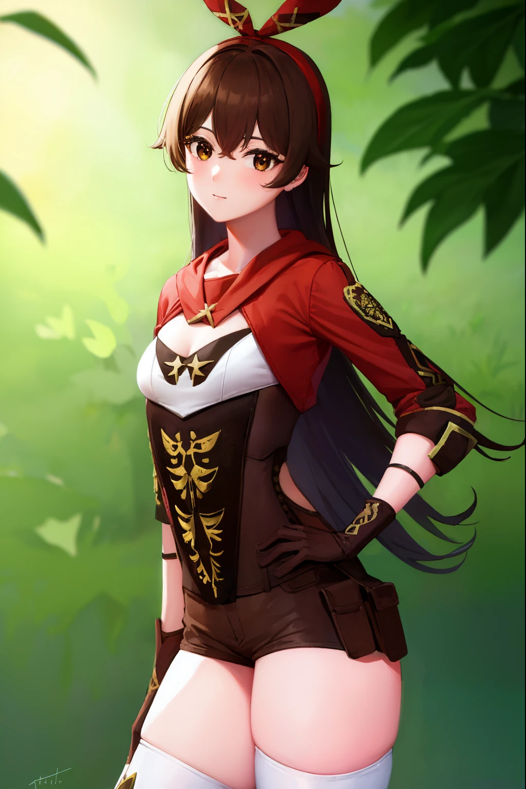 genshinamber, amber, brown hair, long hair, (brown eyes:1.5), hair between eyes, hair ribbon, ribbon, red ribbon, (small breasts:1.2), smile,
BREAK brown shorts, long sleeves, white thighhighs, shorts, thighhighs, jacket, crop jacket, red jacket, corset, gloves, brown gloves,
BREAK outdoors, nature, forest,
BREAK looking at viewer, (cowboy shot:1.5), upper body,
BREAK (masterpiece:1.2), best quality, high resolution, unity 8k wallpaper, (illustration:0.8), (beautiful detailed eyes:1.6), extremely detailed face, perfect lighting, extremely detailed CG, (perfect hands, perfect anatomy),