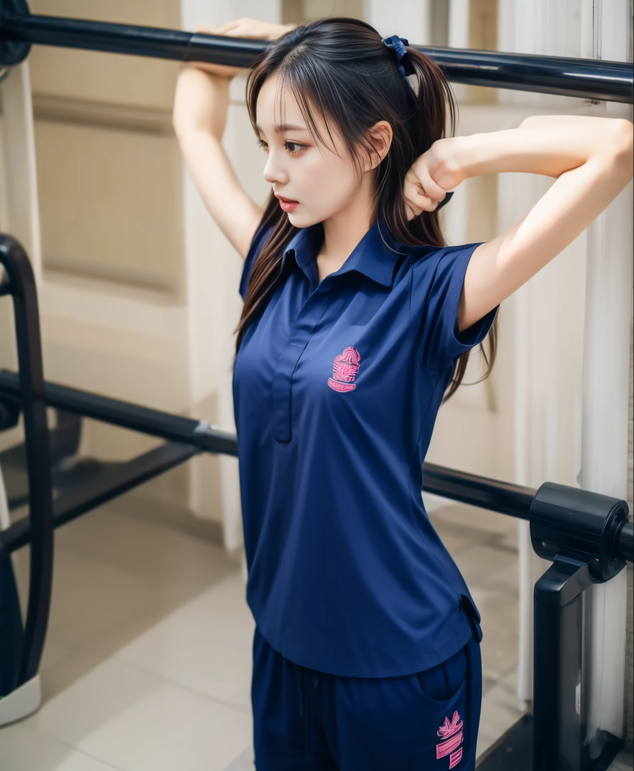 3 girls in fitness center, Navy blue short-sleeved shirt,Navy Long Trackpant,black sweatpants, Black sweatpants,25 year old girl, lesbian, sexy, exercise clothes, wet body, exercise clothes