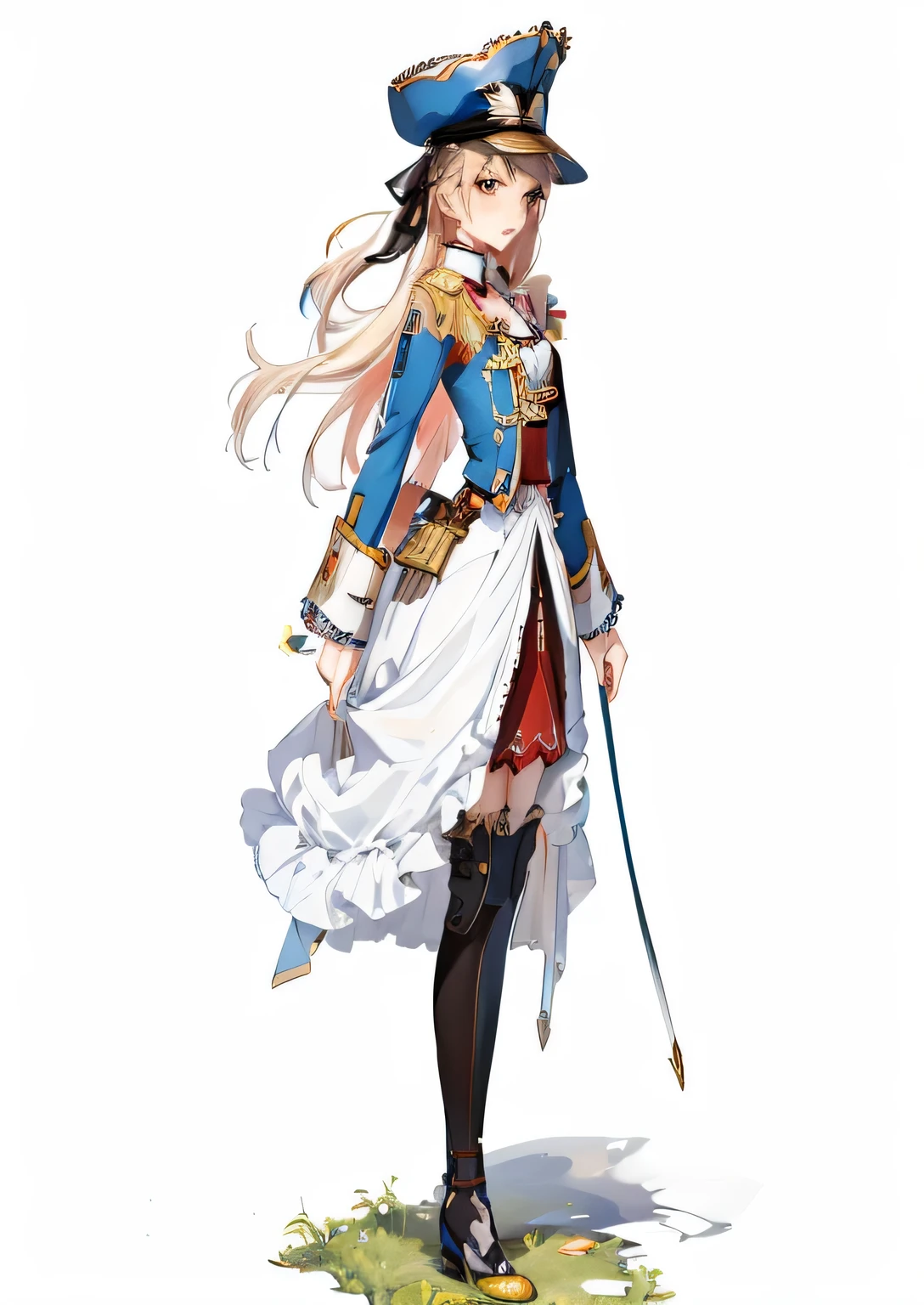 anime character costumes，with sword and hat, Kushat Krenz criticizes women in art, official character art, official art, Cosplay portrait full body, April renderings, ( ( character concept art ) ), Astrid Long, From Girls Frontline, Inspired by Li Zhishi, 《Azure Lane》The role is in, from《Azure Lane》Electronic games