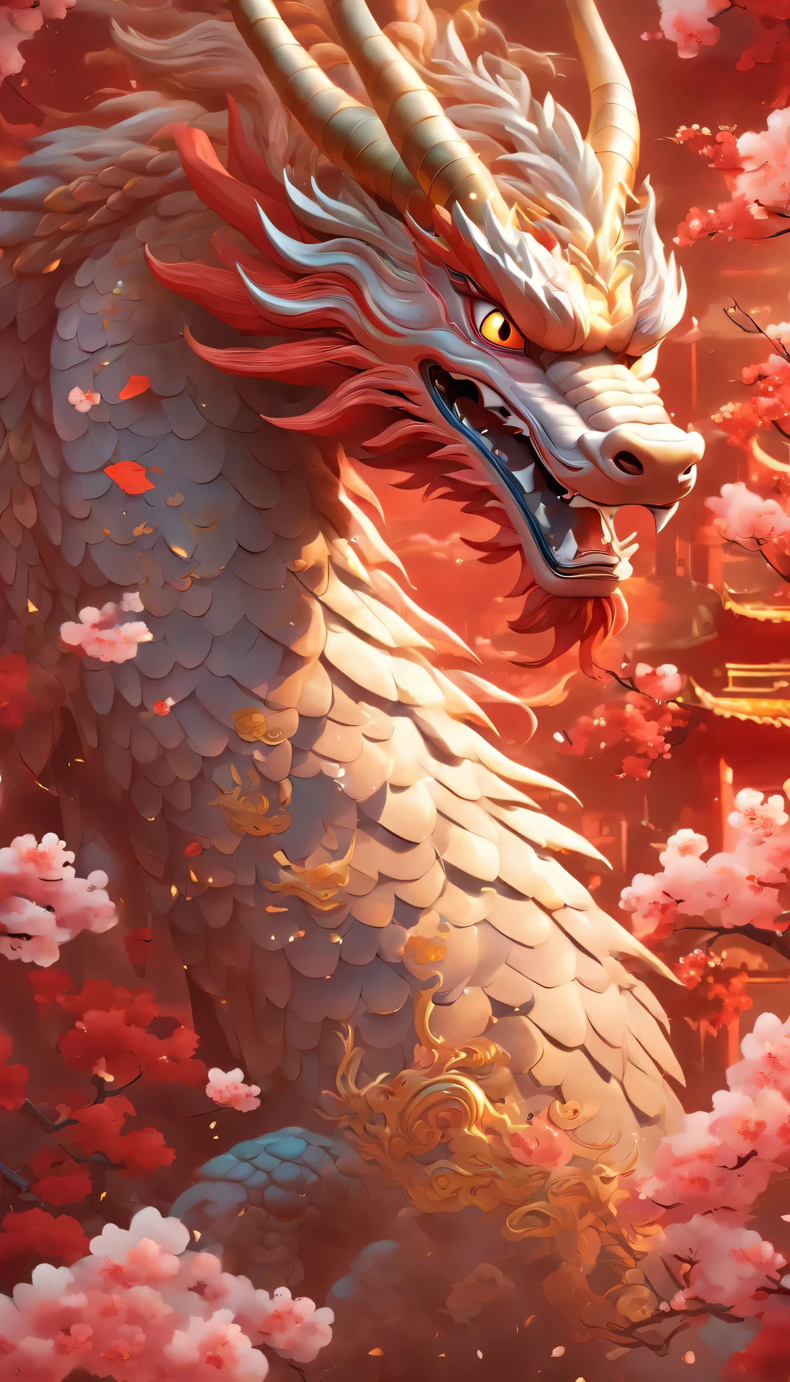 Jin Porcelain Dragon, lunar New Year, nobody，A red Chinese giant flies in the sky，Pixar，Cartoonish，