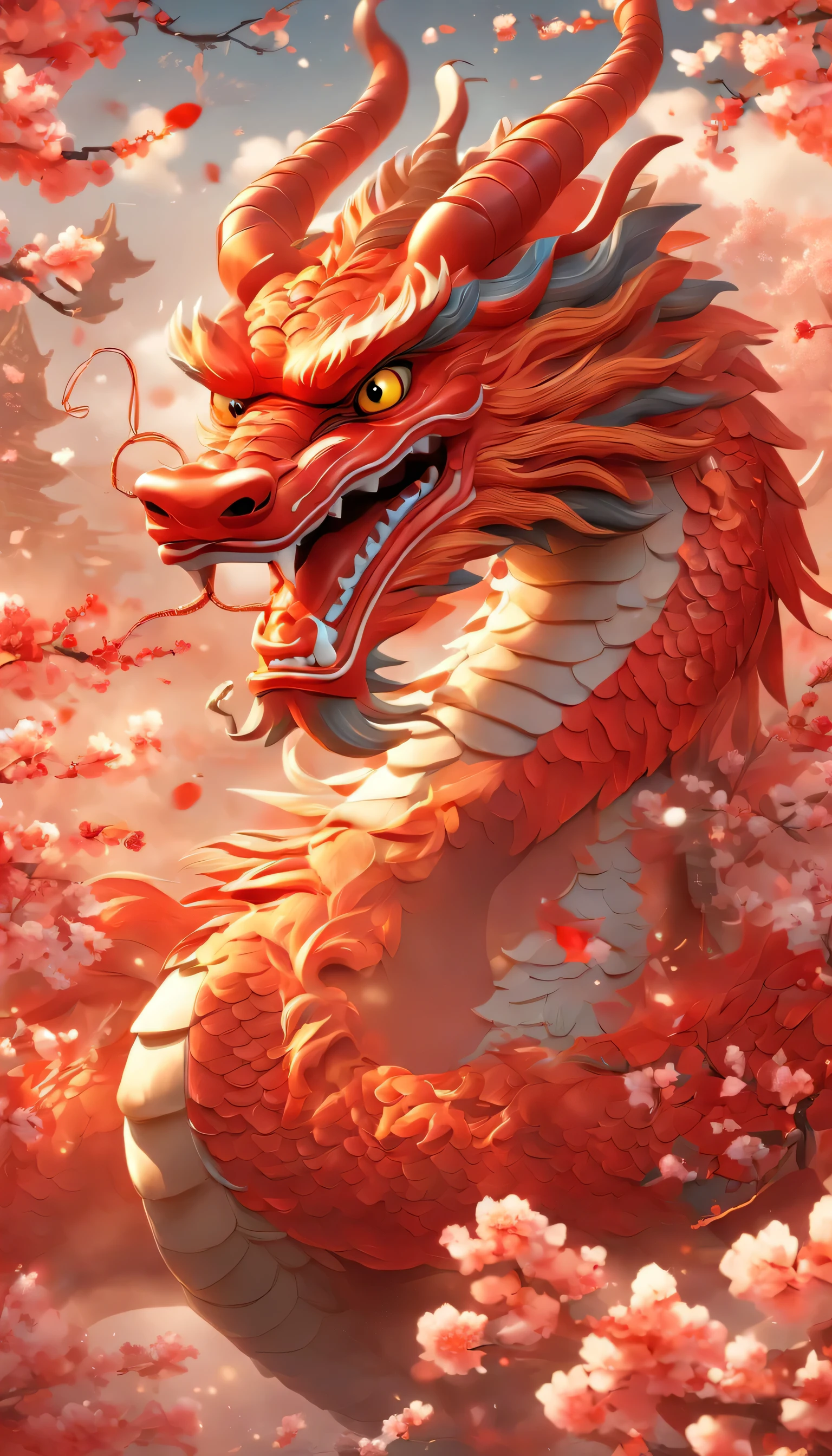 Jin Porcelain Dragon, lunar New Year, nobody,A red Chinese giant flies in the sky,Pixar,Cartoonish,
