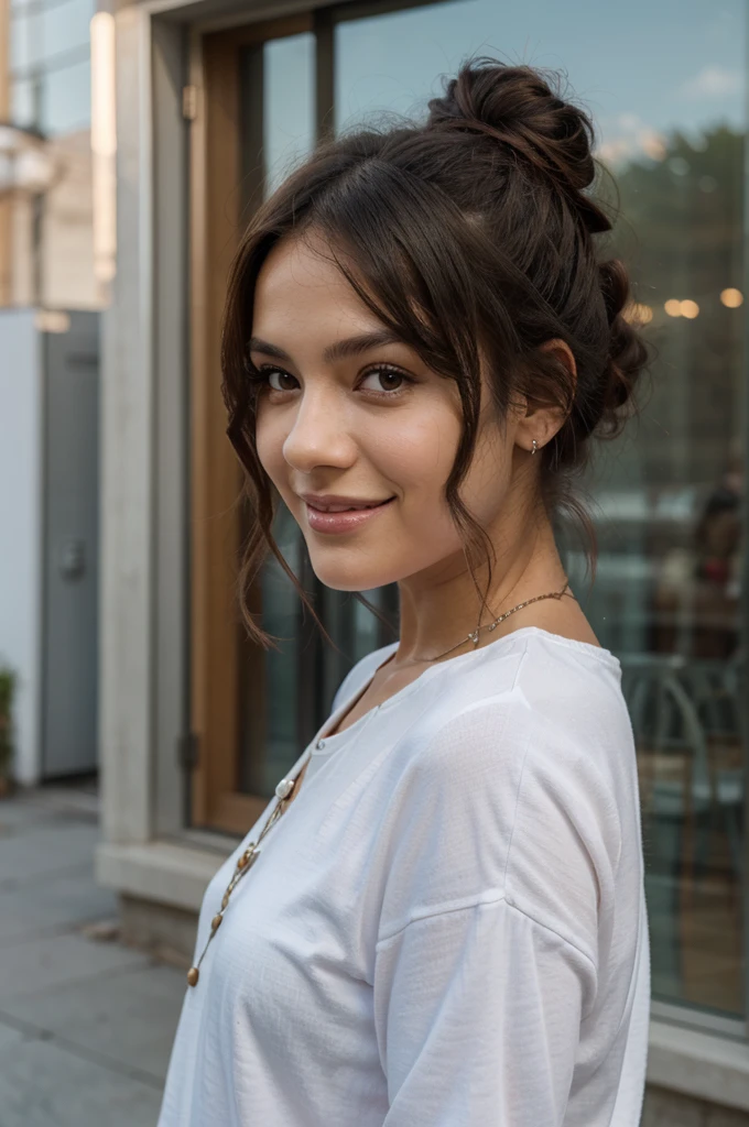 woman, standing in front of a building, curly messy high bun hairstyle, young woman, woman with brown skin, pretty face, smiling, trendy, outdoor lighting, masterpiece, depth of field, photo-realistic, closeup, candid shot