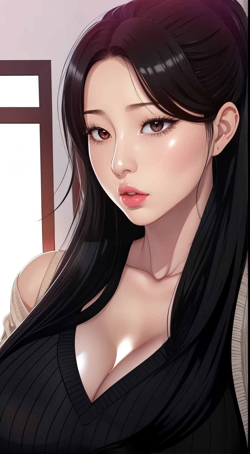 Joshiochi,1 girl,long hair,black hair,bangs,ponytail,swollen lips,painted lips, thick lips,reveal cleavage, erotic, ,huge breasts,older sister,sweater,28 years old,Sweat,shiny skin