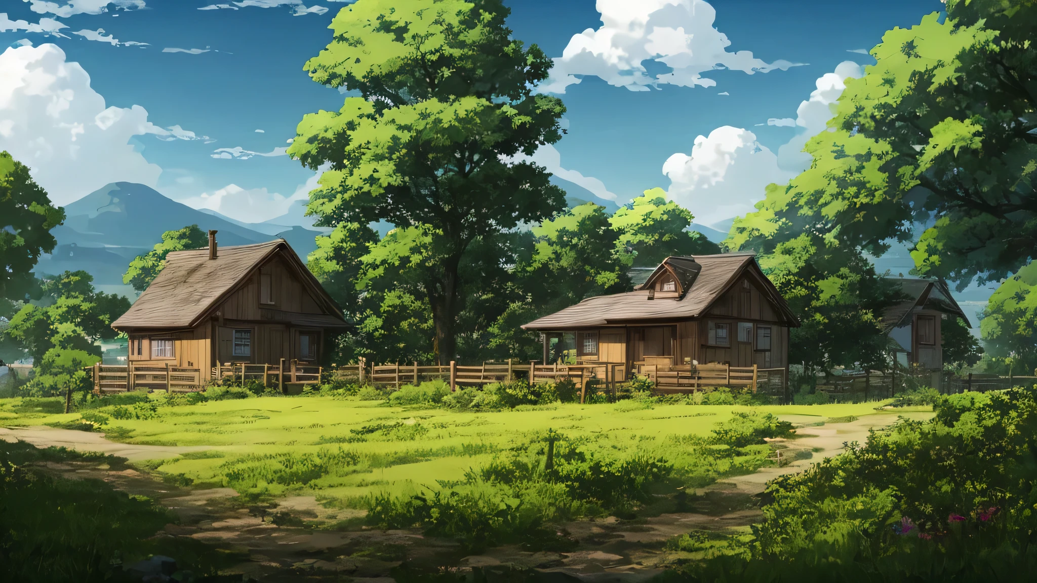 There is a photo of a rural landscape with a house and a fence., anime countryside landscape, anime background art, anime scenery wallpaper, anime scenery concept art, anime scenery, distant village background, beautiful anime scenery, anime scenery, anime background, studio glibly makoto shinkai, makoto shinkai&#39;Style, anime movie background, beautiful anime scene