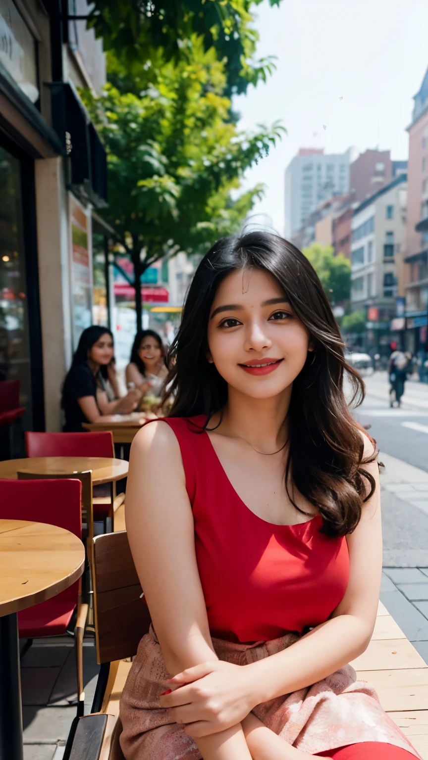 Picture Abhirasha on a lively city café terrace during a bright afternoon. She has a charming, chubby face with natural skin, and is wearing a vibrant red deep-neck top paired with a matching dupatta. Her attractive black hair transitions into blonde at the ends, adding a striking contrast. She's seated casually at a table, smiling towards the camera with the bustling city street in the background. The scene has a beautiful bokeh effect, blurring the urban hustle while highlighting her relaxed, happy demeanor.