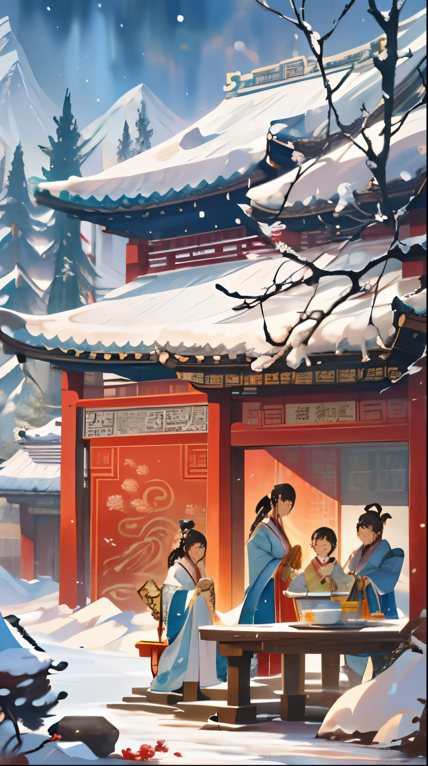 There is a plum tree in front,There is a stone table under the tree. On the table there is a picture of a teapot and a teapot., low-rise buildings in china,Snow-capped mountains in the background,Inspired by Ma Yuanyu, A beautiful artistic illustration, a family of three,Zhongka Universe, Inspired by Xiao Yuncong, art cover, Chinese painting style, inspired by Huang Gongwang, Chinese watercolor style, Illustration poster, inspired by Zhang Zongcang
